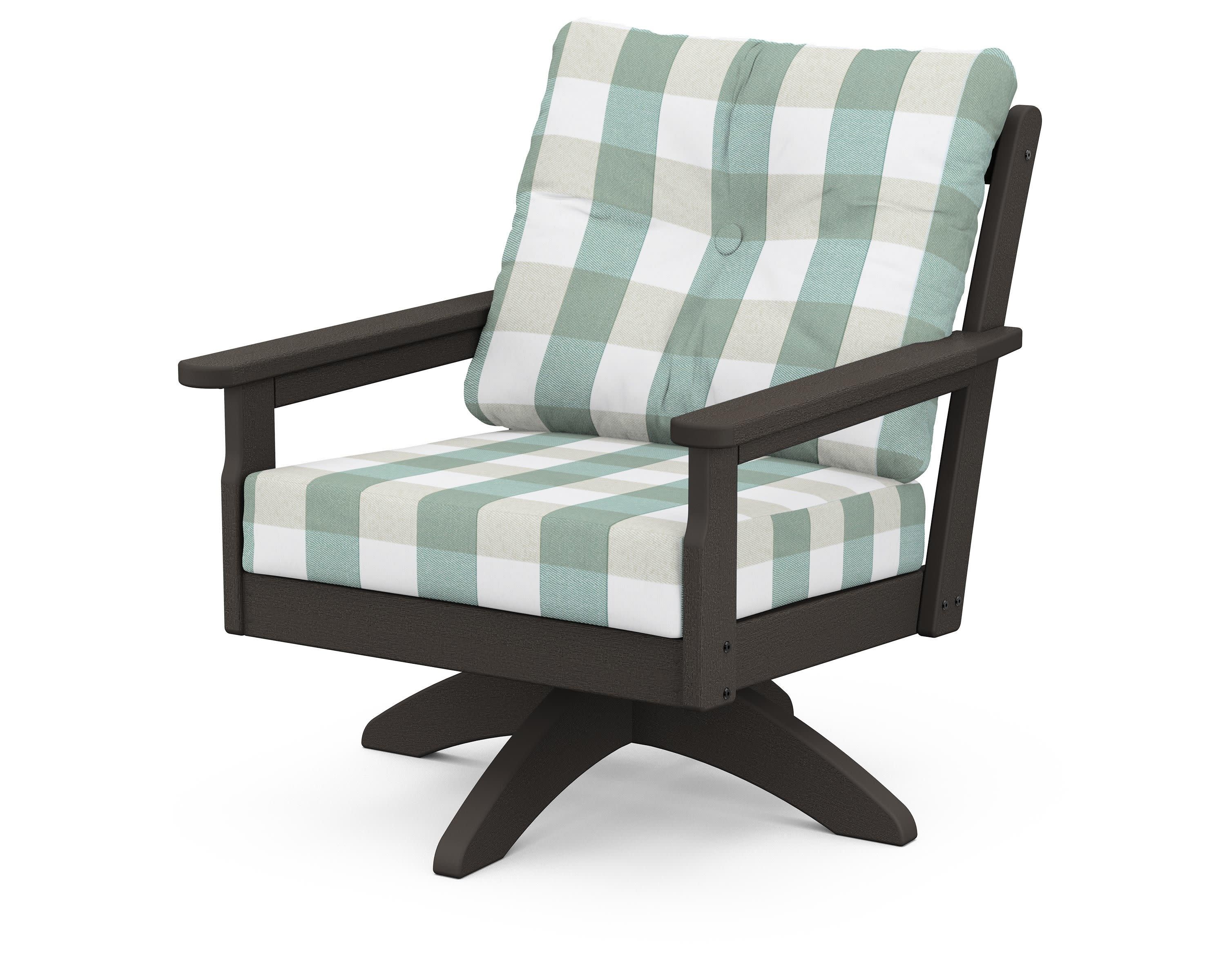 Vineyard Deep Seating Swivel Chair in Vintage Coffee / Buffalo Plaid Glacier Spa