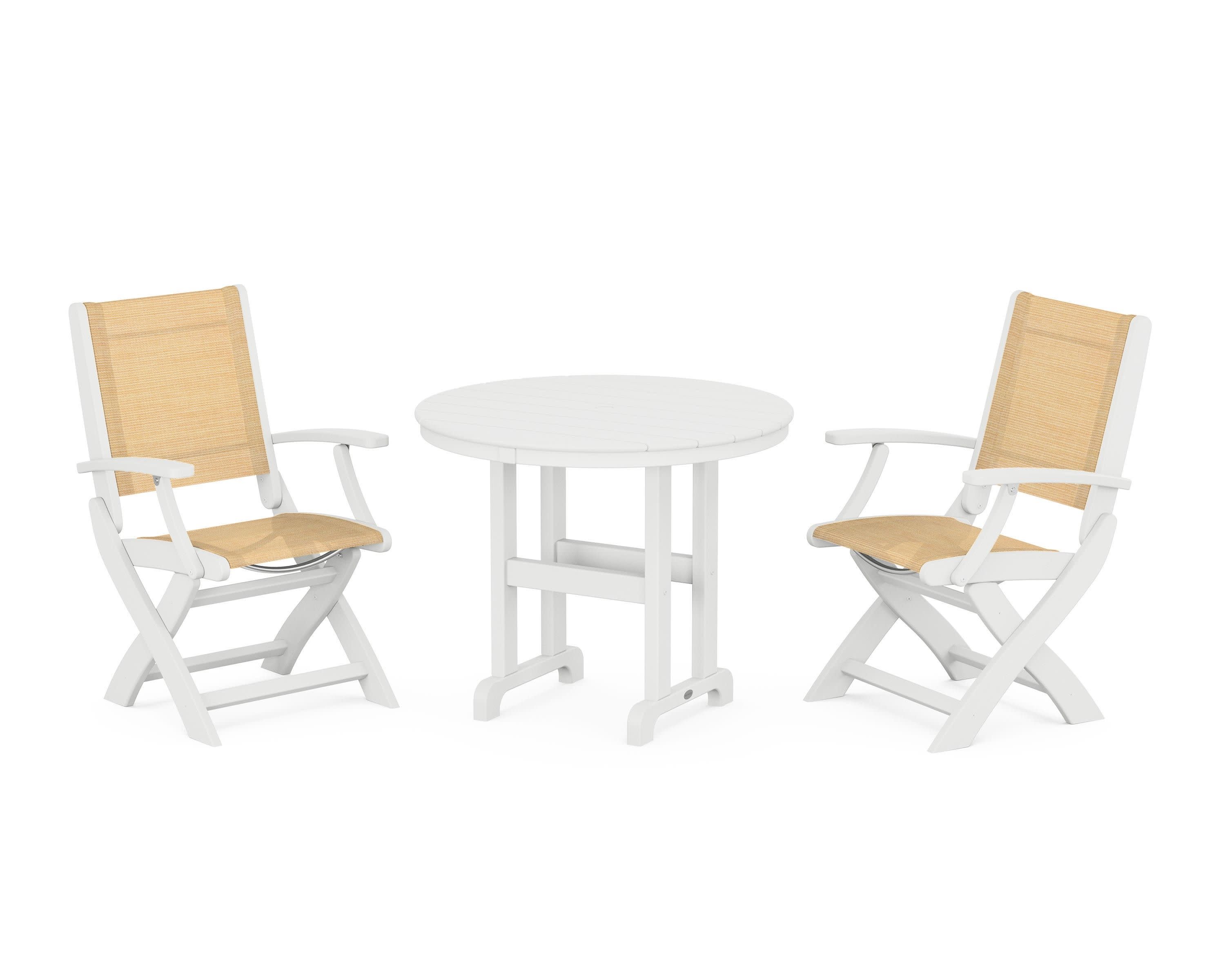Coastal Folding Chair 3-Piece Round Dining Set in White / Dupioni Apricot Sling