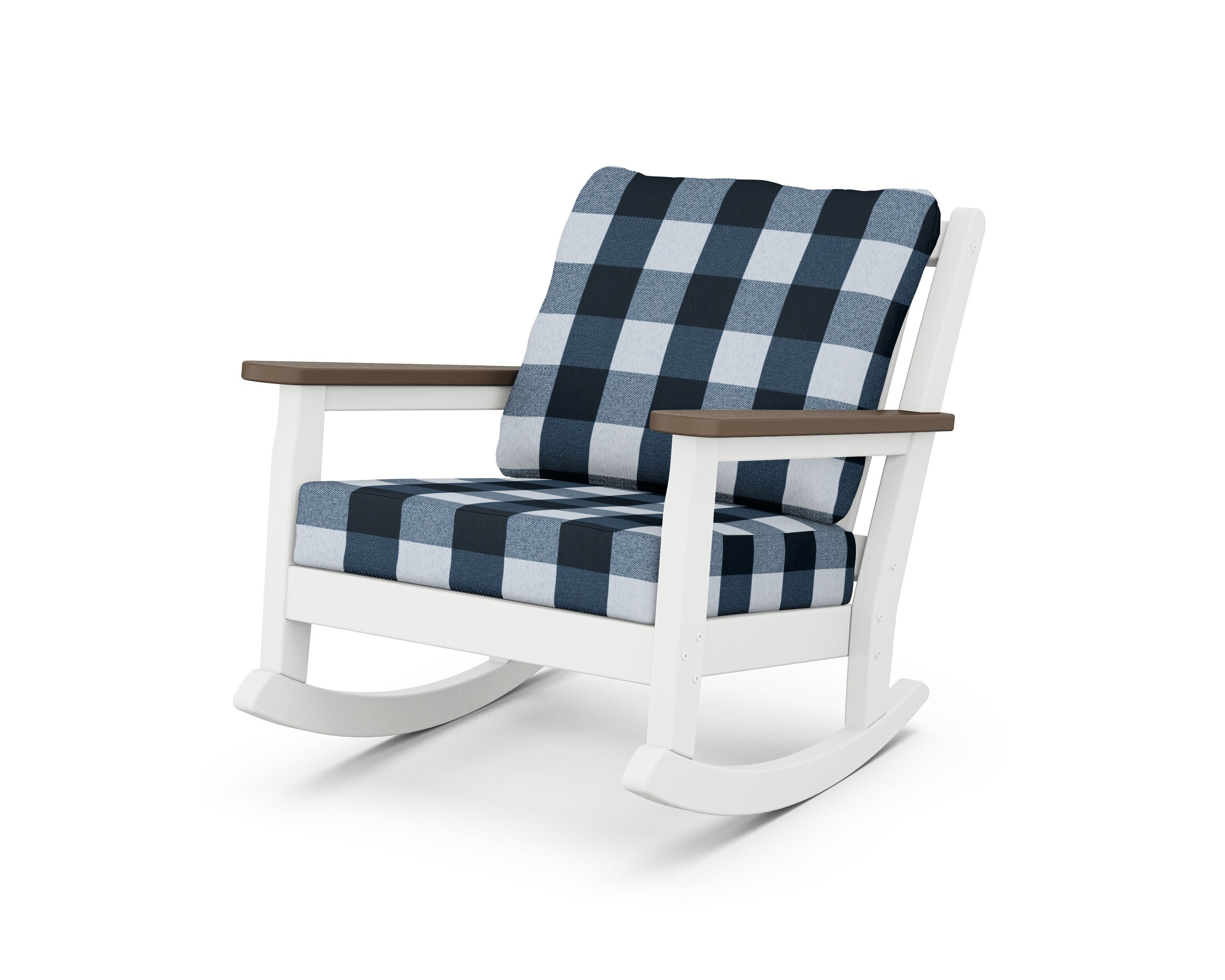 Chippendale Deep Seating Rocking Chair in White / Kona / Buffalo Plaid Marine Indigo
