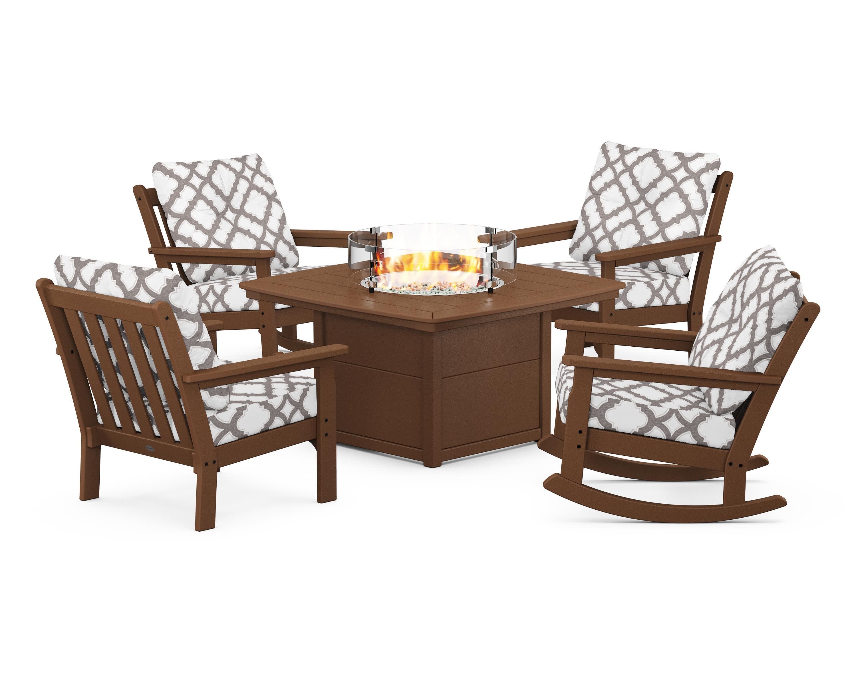 Vineyard 5-Piece Deep Seating Rocking Chair Conversation Set with Fire Pit Table in Teak / Trellis Grey Mist