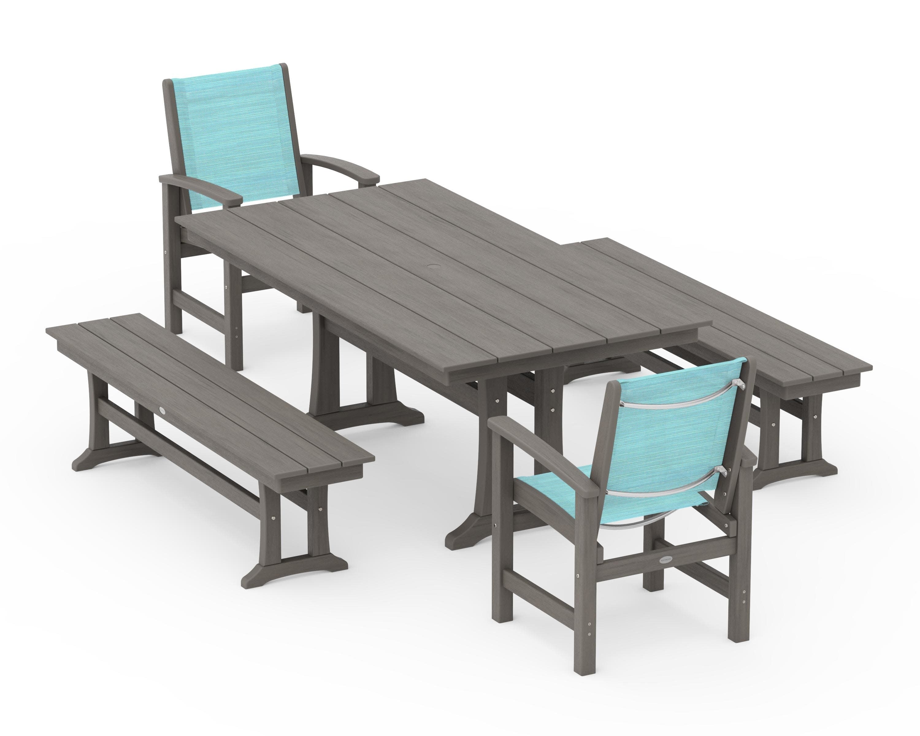 Coastal 5-Piece Farmhouse Dining Set with Trestle Legs and Benches in Driftwood / Dupioni Aquamarine Sling