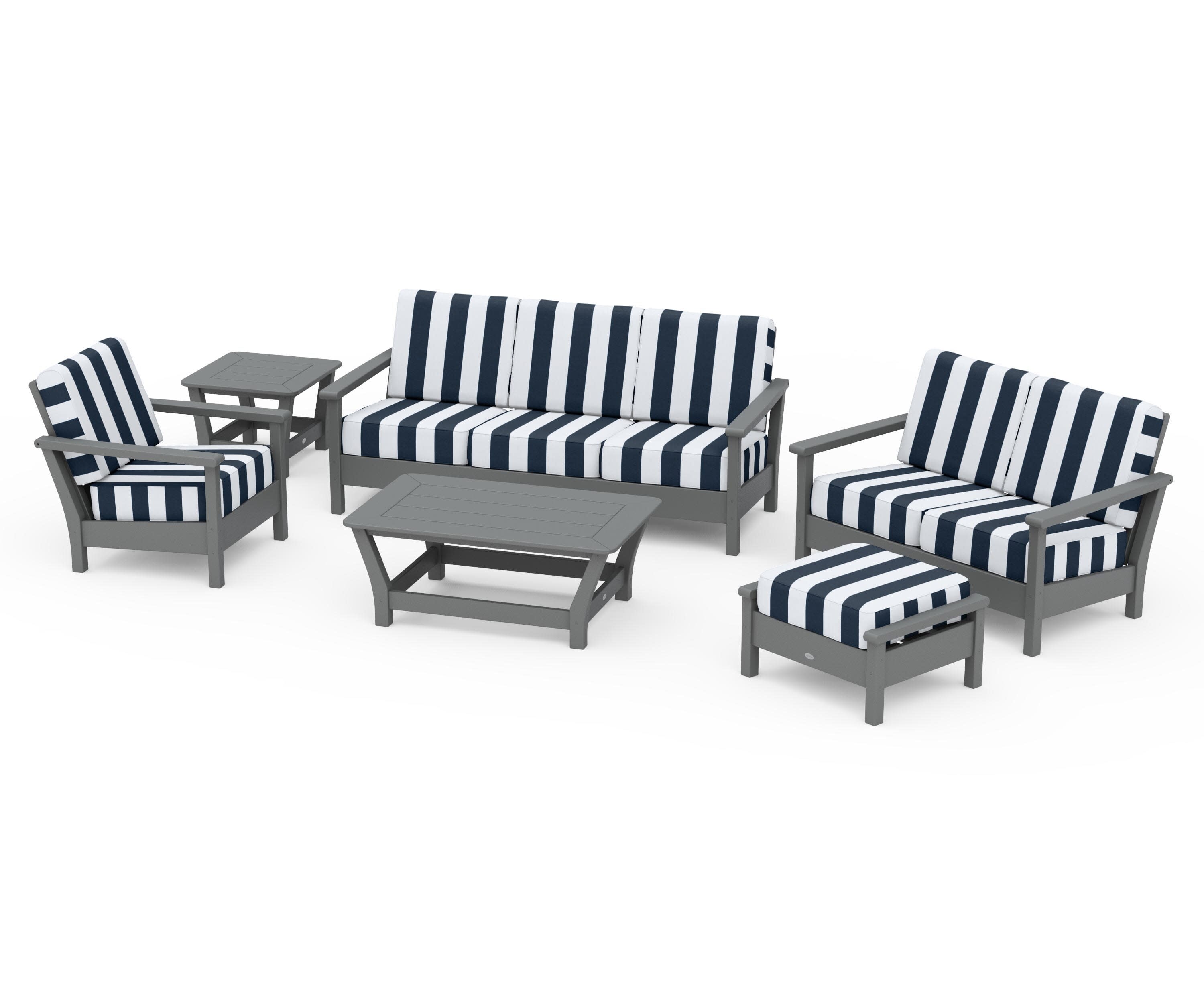 Harbour 6-Piece Outdoor Living Set in Slate Grey / Cabana Stripe Marine Indigo