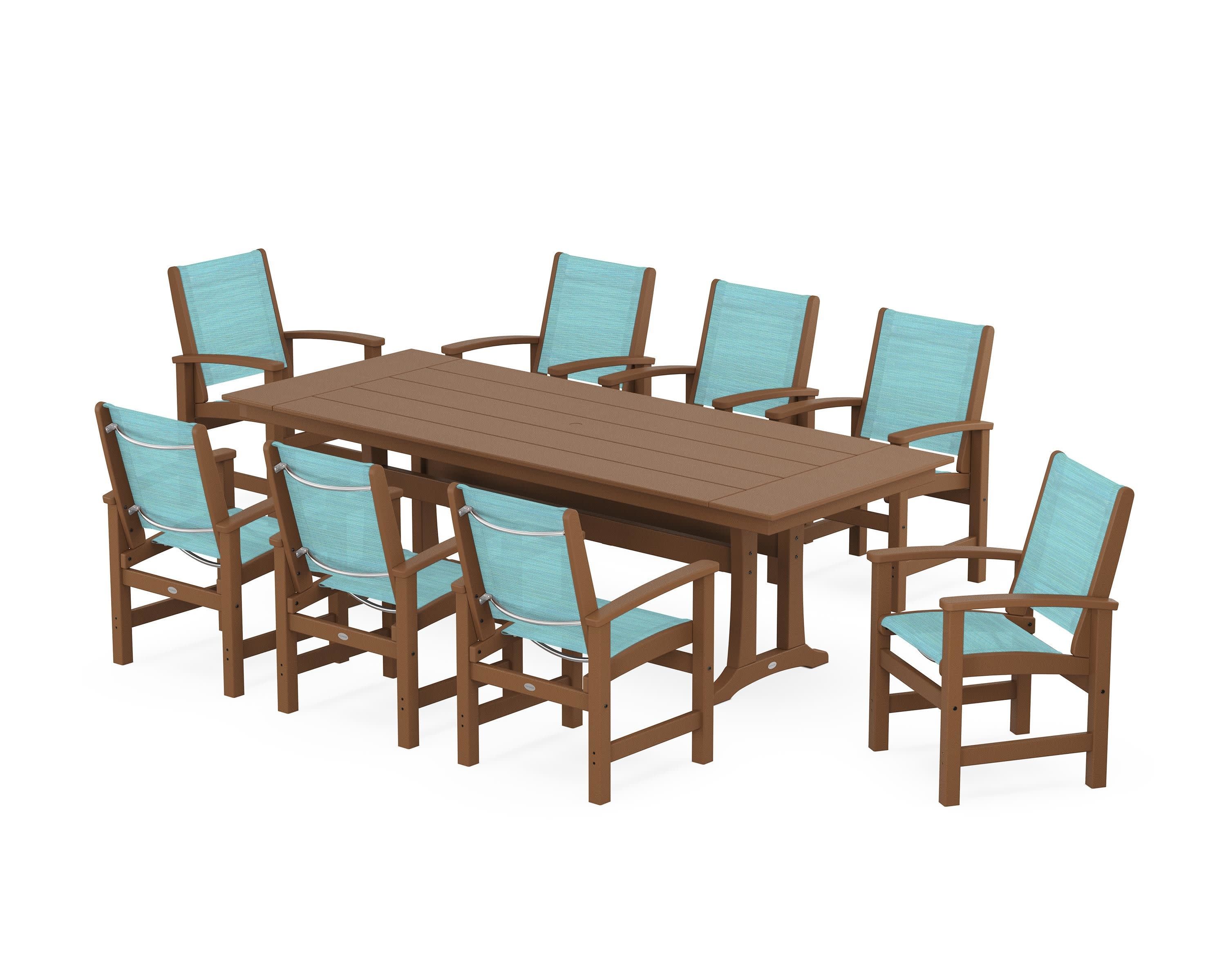 Coastal 9-Piece Farmhouse Dining Set with Trestle Legs in Teak / Dupioni Aquamarine Sling