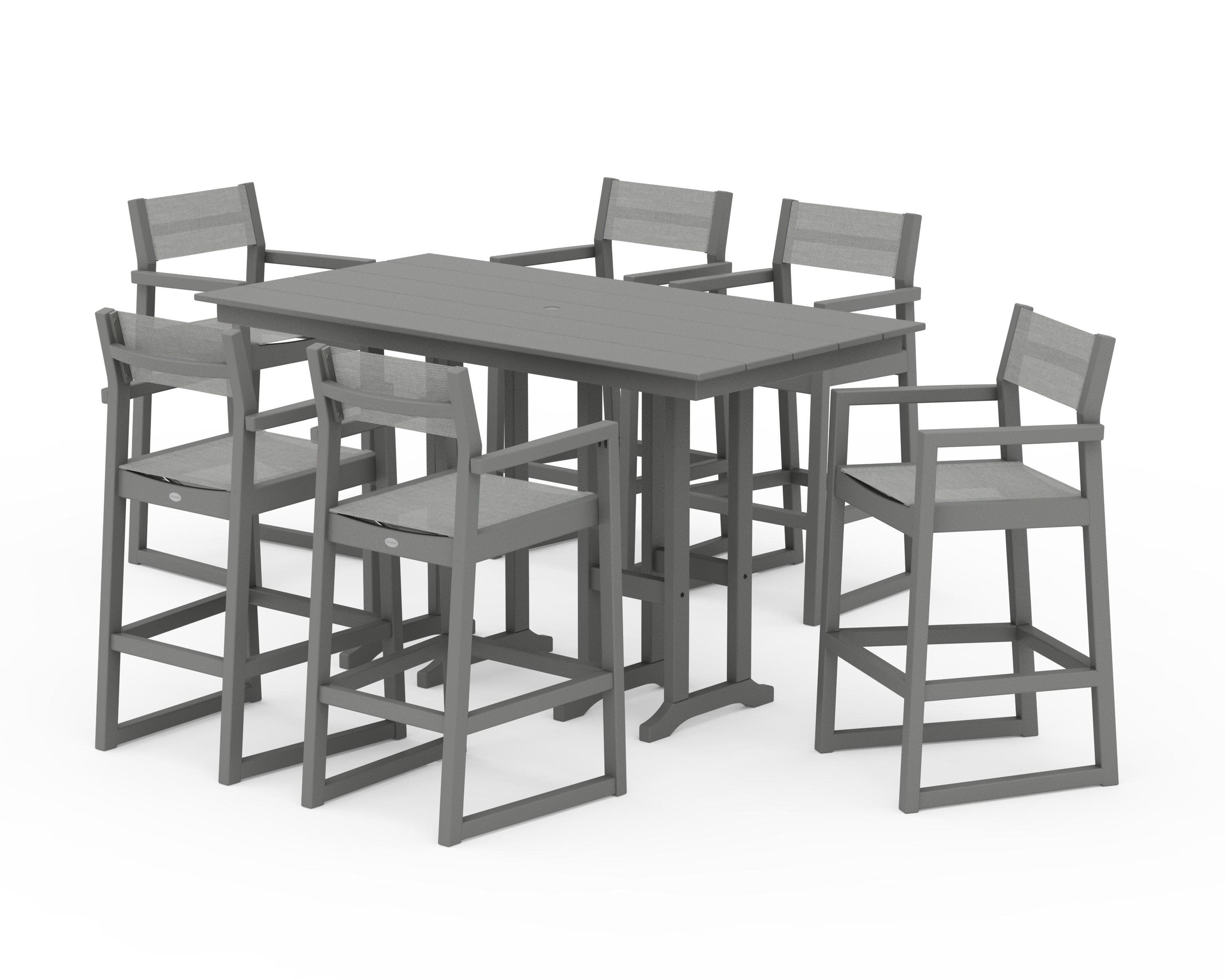 EDGE Sling Arm Chair 7-Piece Farmhouse Bar Set in Slate Grey / Metallic Sling