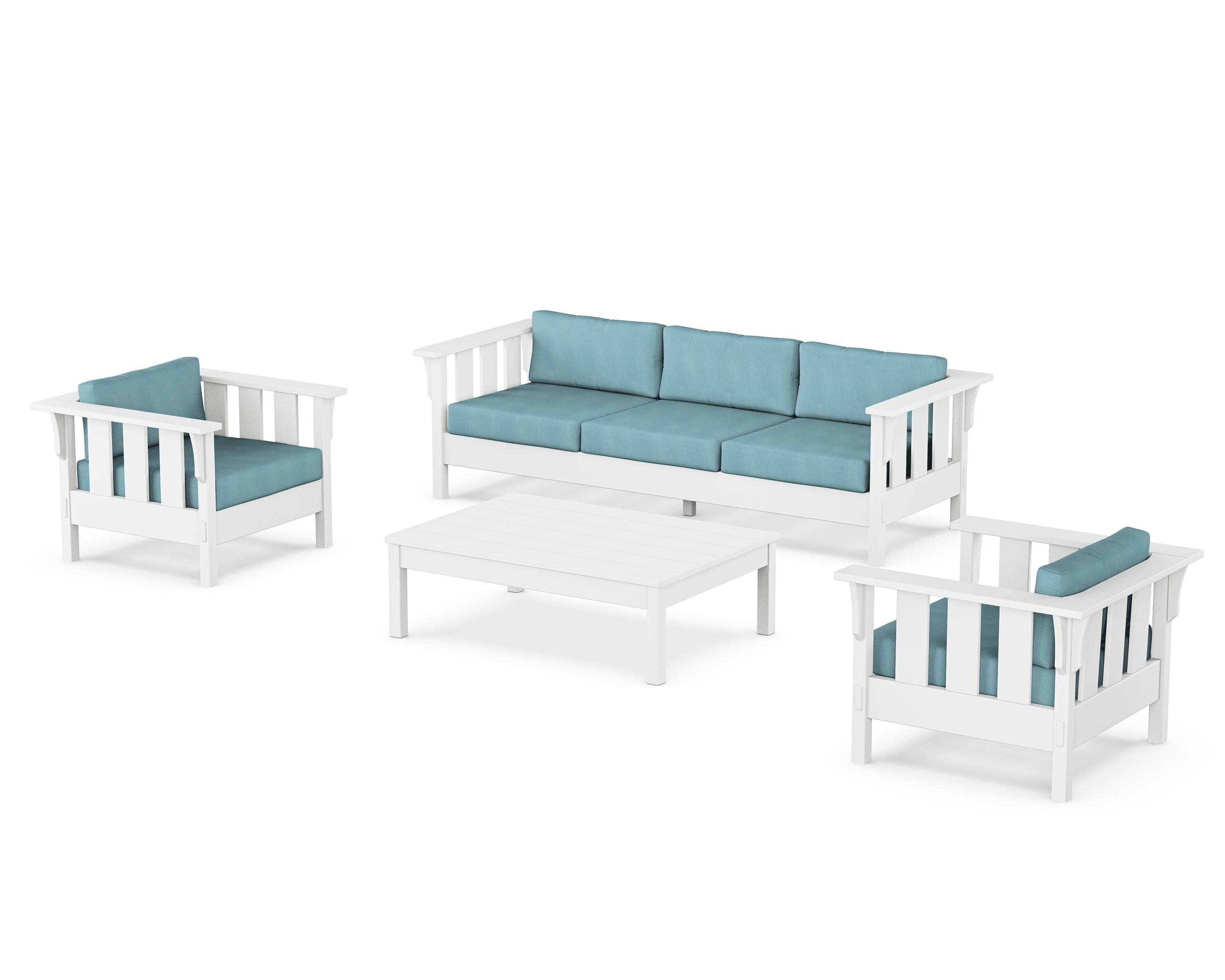 Acadia 4-Piece Deep Seating Set with Sofa in White / Lattice Sky Blue