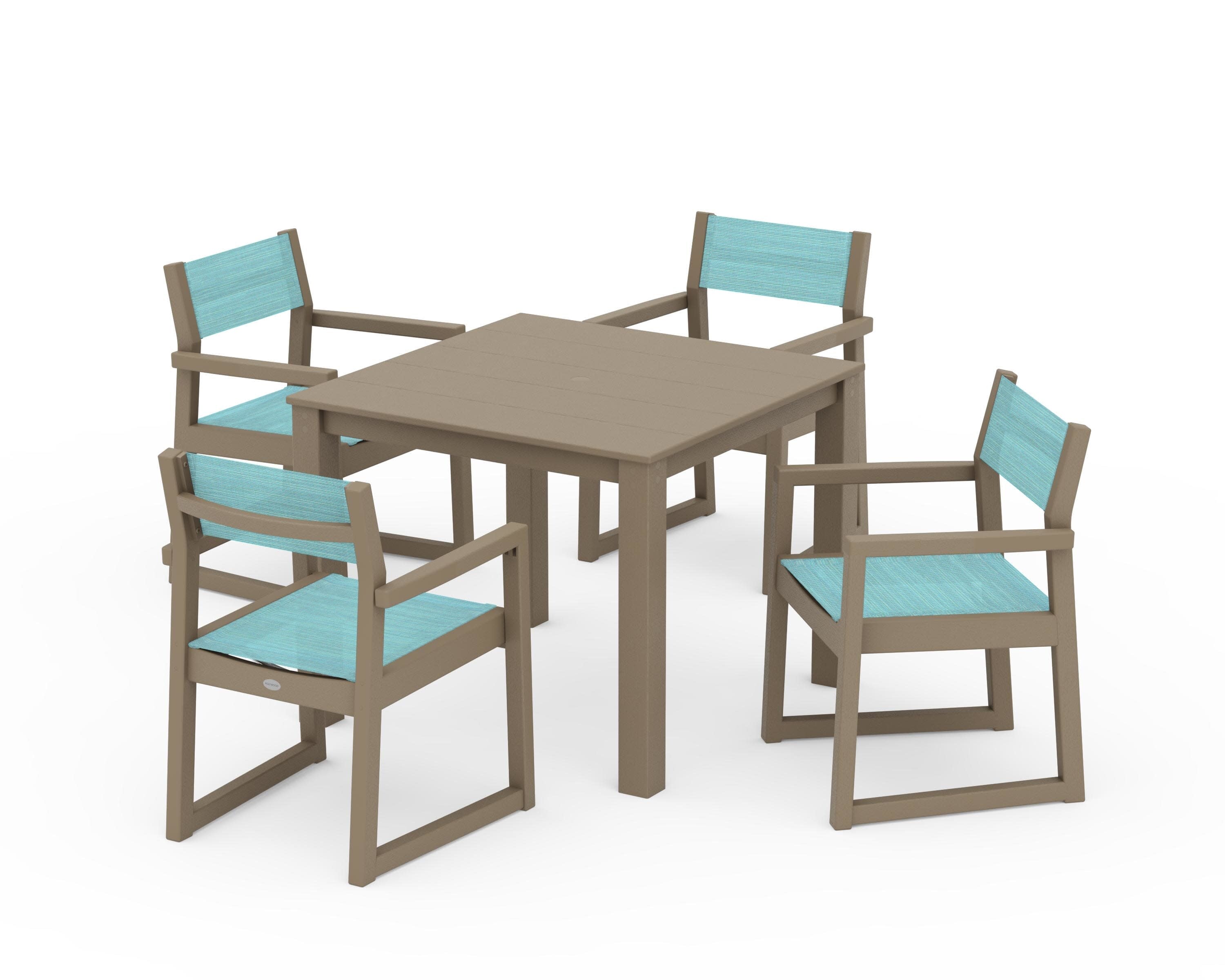 EDGE Sling Arm Chair 5-Piece Parsons Dining Set in Vintage Sahara / Dupioni Aquamarine Sling