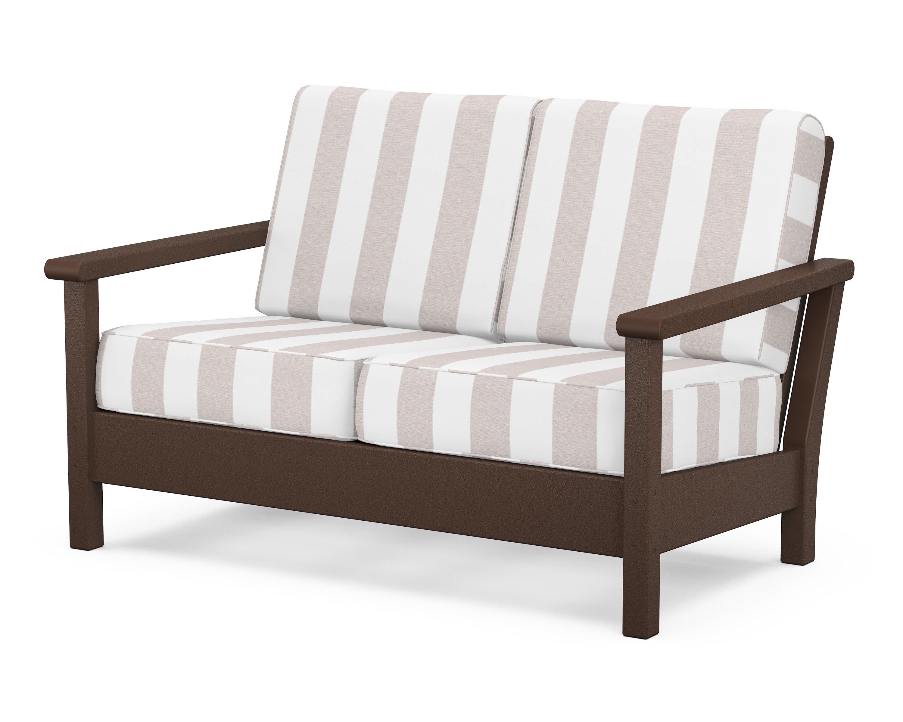 Harbour Deep Seating Loveseat in Mahogany / Cabana Stripe Dune Burlap