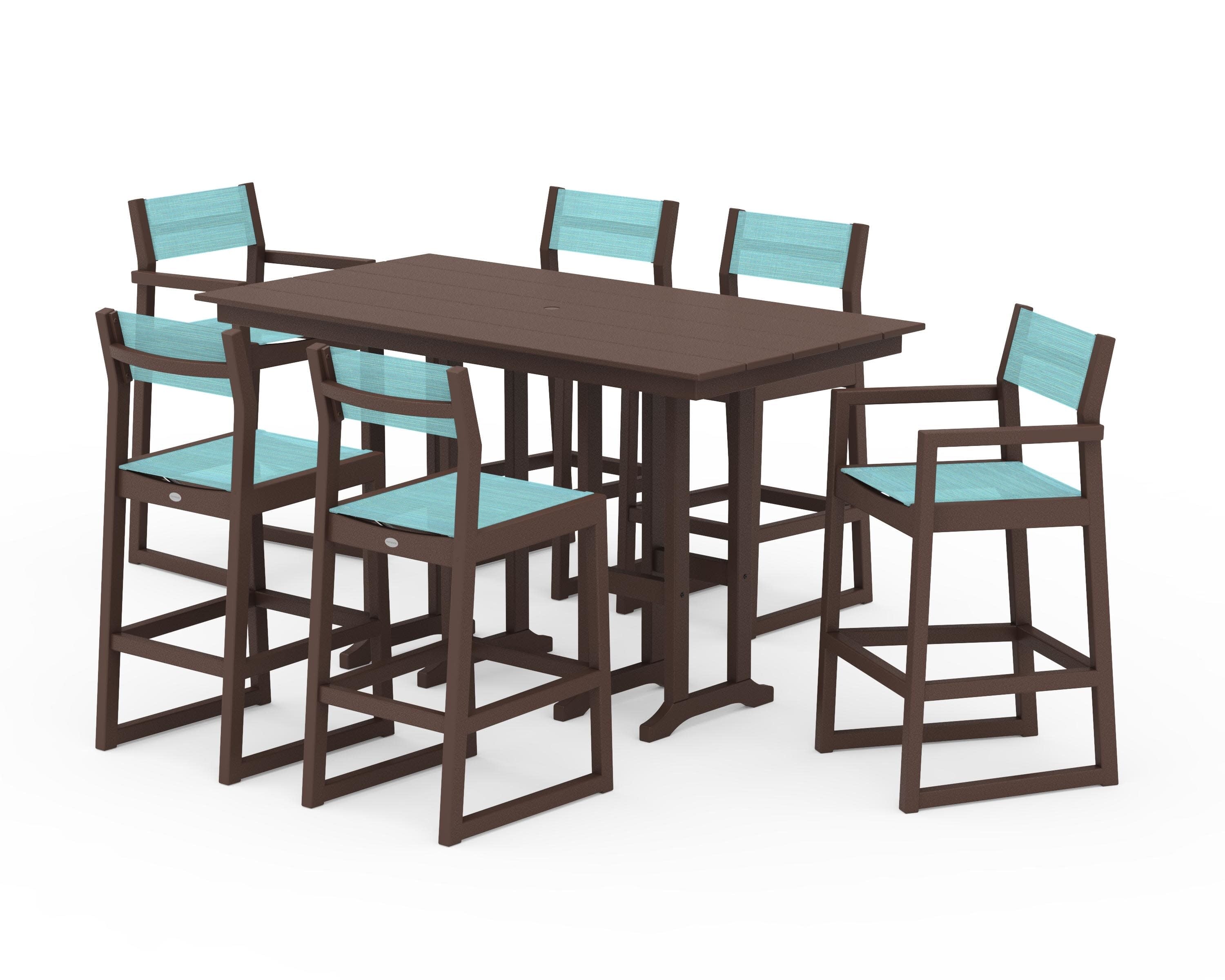 EDGE Sling 7-Piece Farmhouse Bar Set in Mahogany / Dupioni Aquamarine Sling