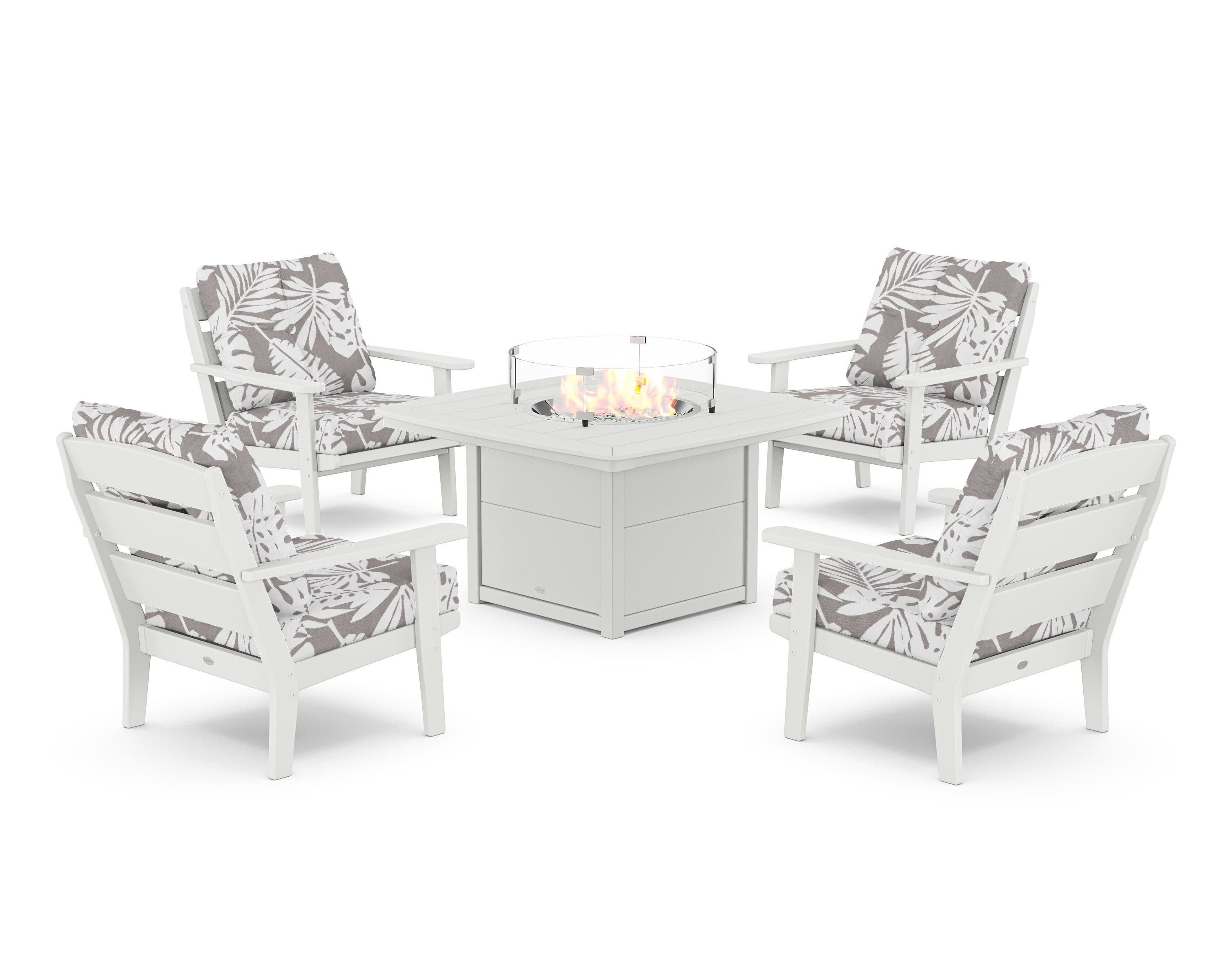 Lakeside 5-Piece Deep Seating Set with Nautical Fire Pit Table in White / Leaf Grey Mist