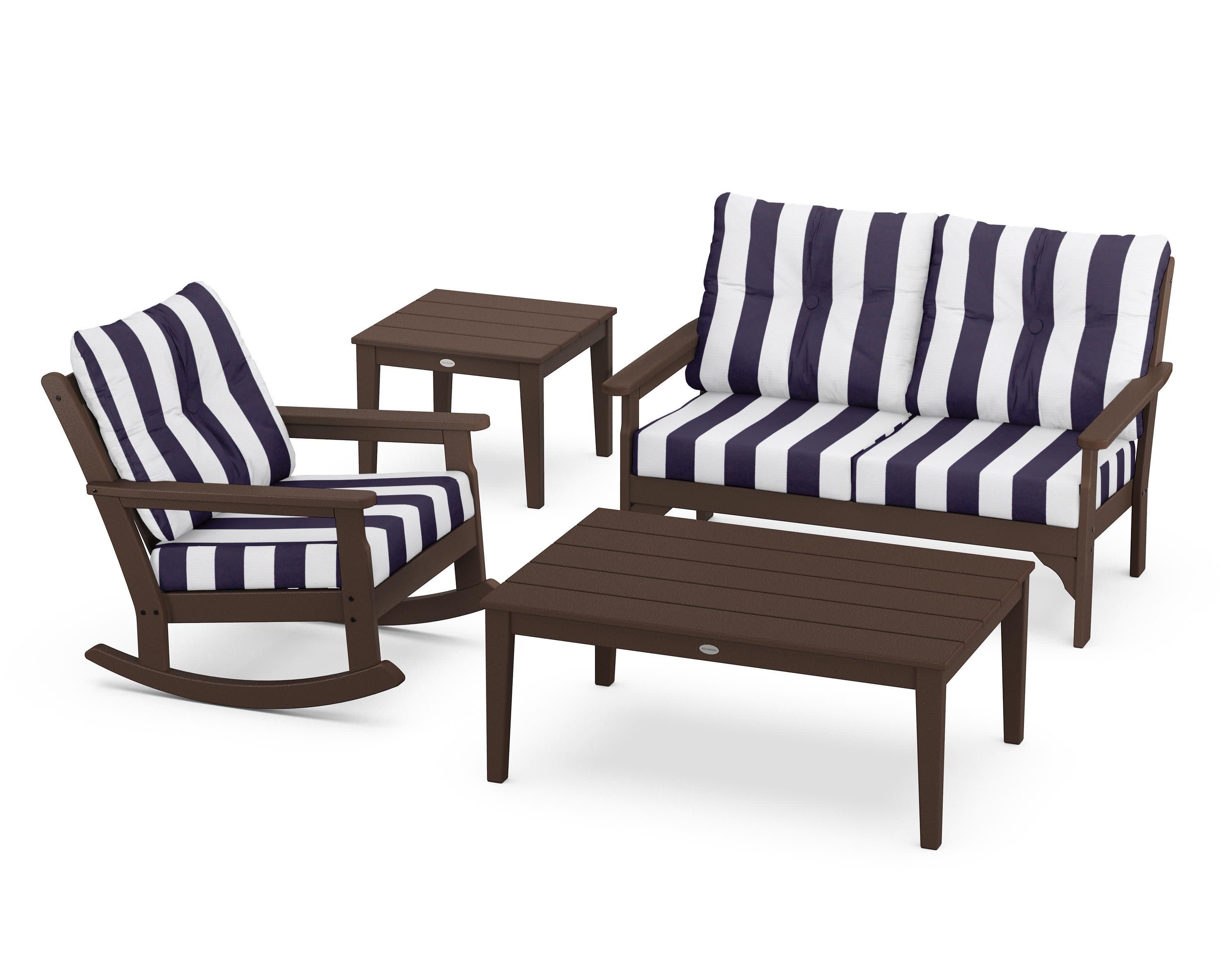 Vineyard 4-Piece Deep Seating Rocker Set in Mahogany / Cabana Stripe Navy