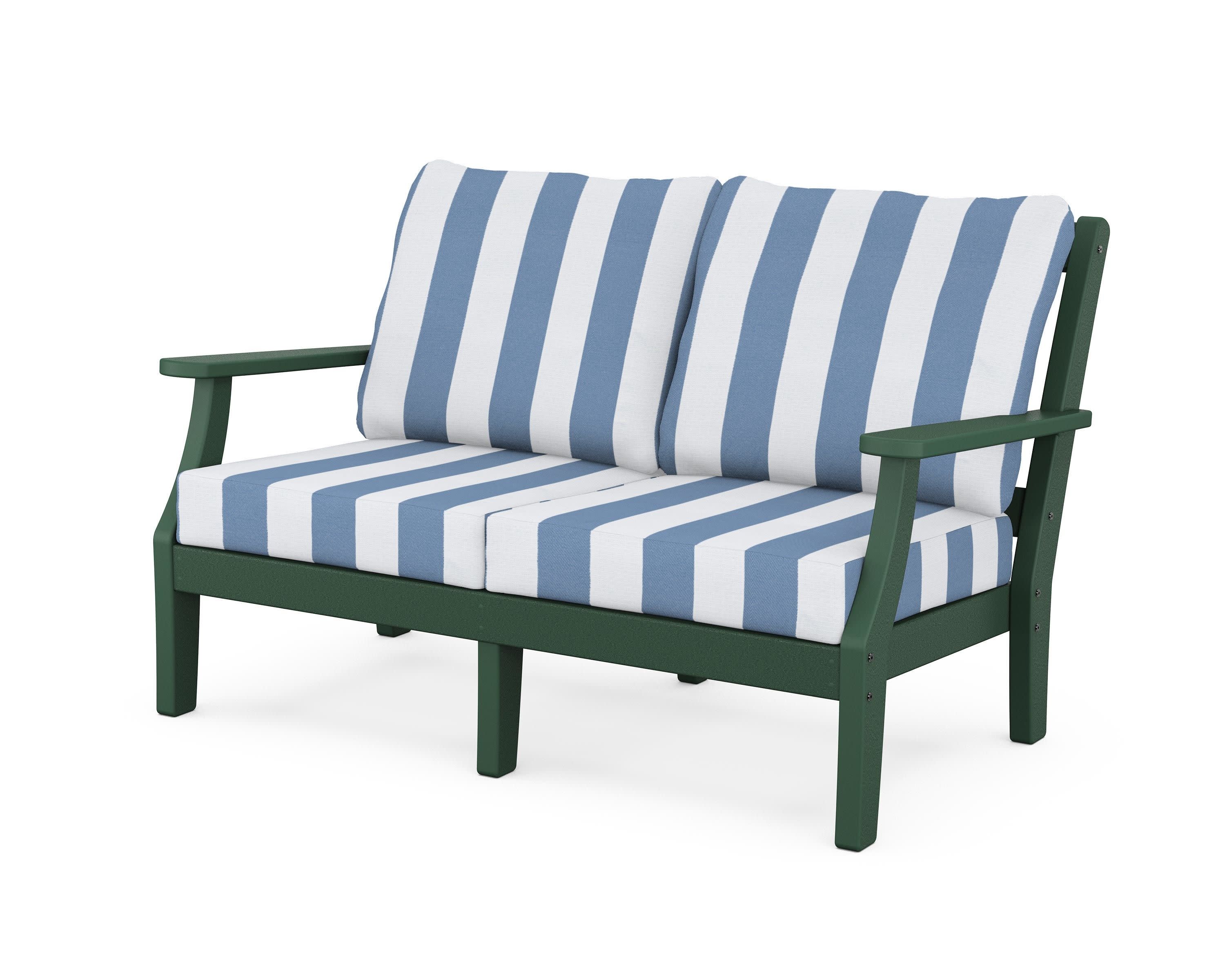 Chinoiserie Deep Seating Loveseat in Green / Cabana Stripe Sky Blue