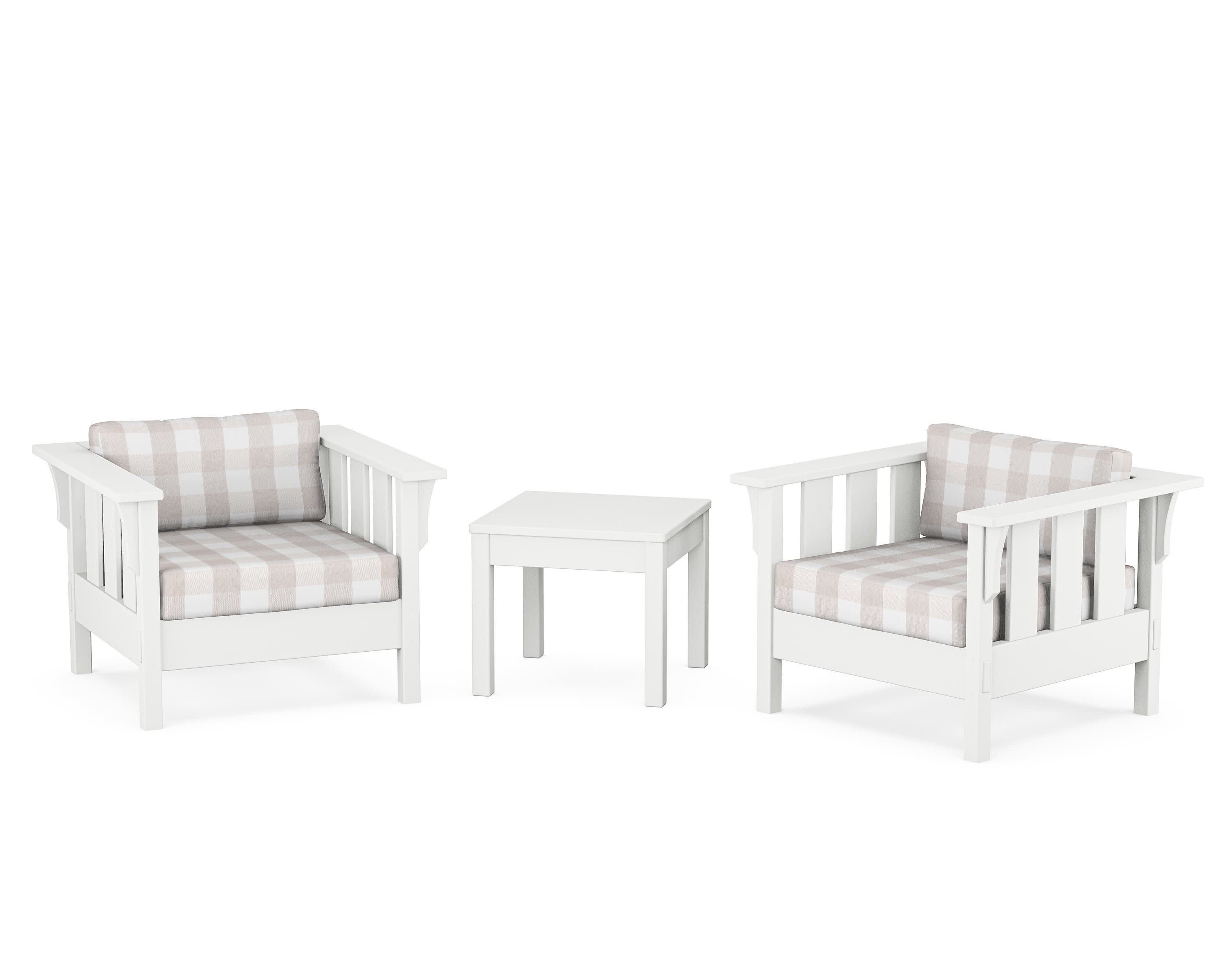 Acadia 3-Piece Deep Seating Set in White / Buffalo Plaid Dune Burlap