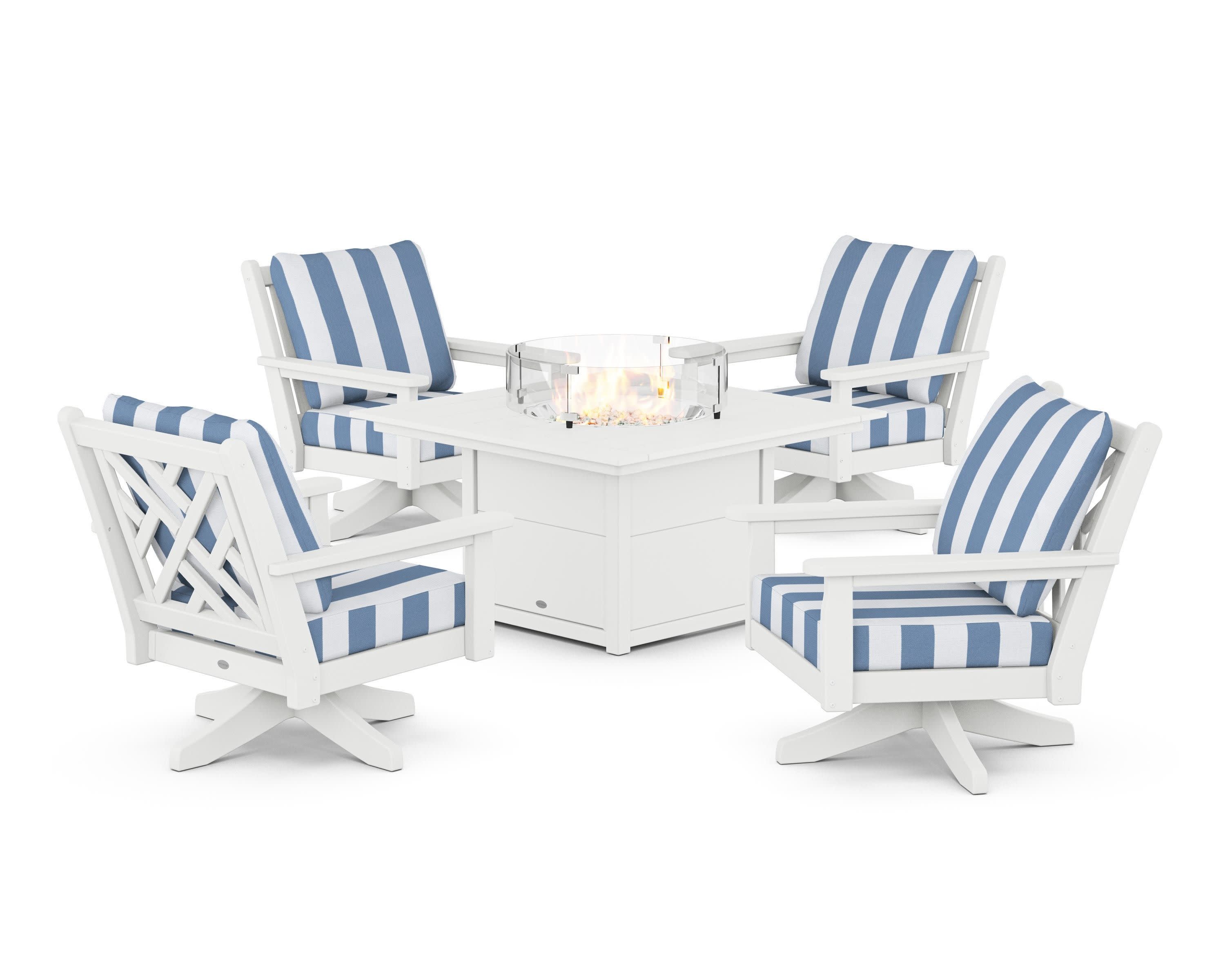 Chippendale 5-Piece Deep Seating Swivel Conversation Set with Fire Pit Table in White / Cabana Stripe Sky Blue