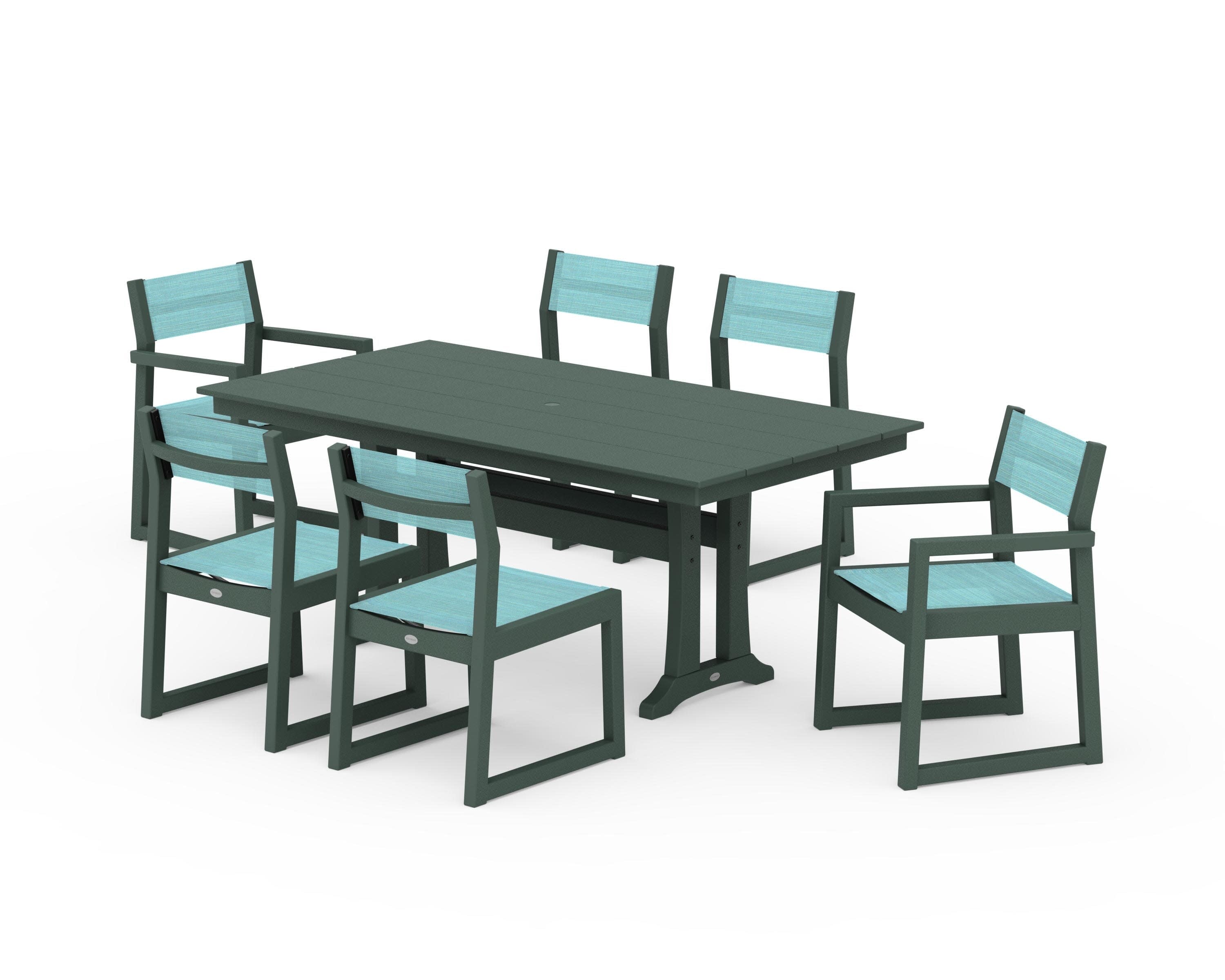 EDGE Sling 7-Piece Farmhouse Trestle Dining Set in Green / Dupioni Aquamarine Sling