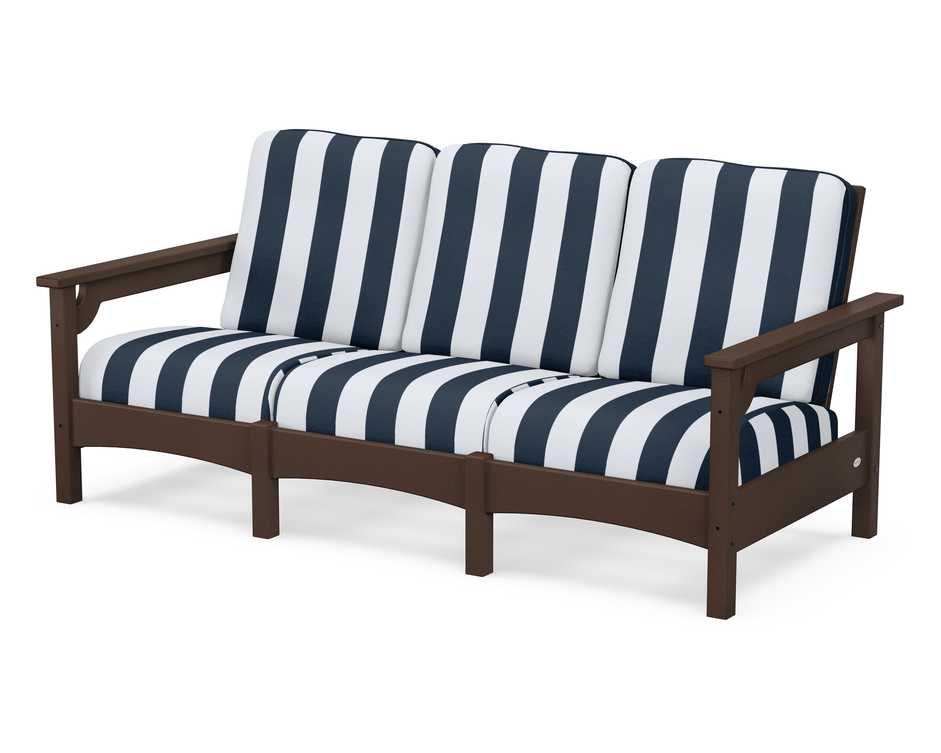 Club Sofa in Mahogany / Cabana Stripe Marine Indigo
