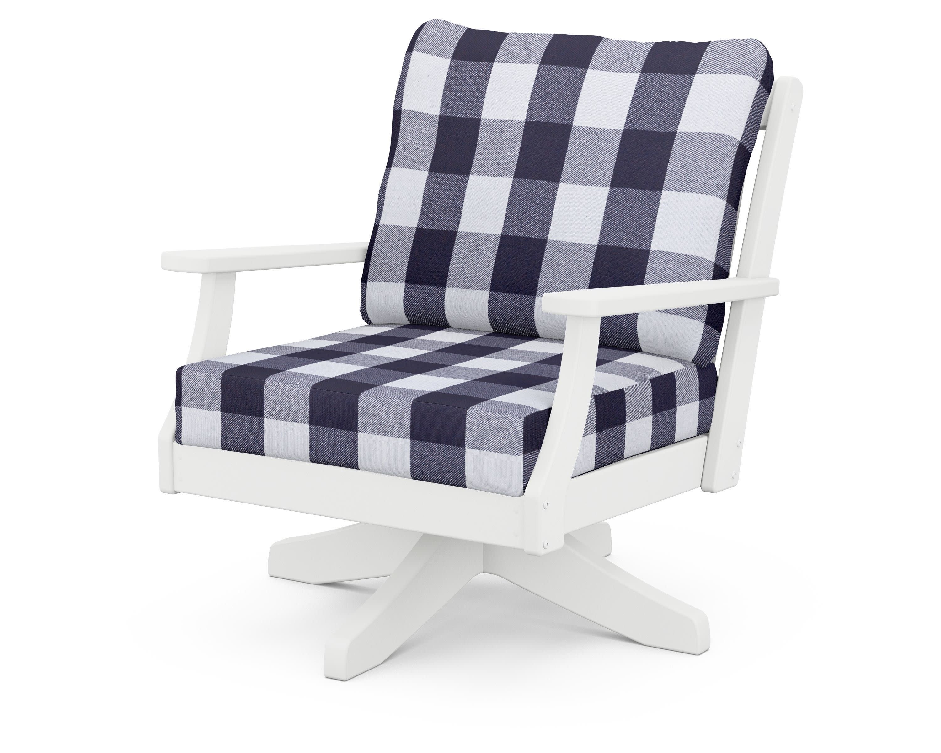 Braxton Deep Seating Swivel Chair in White / Buffalo Plaid Navy