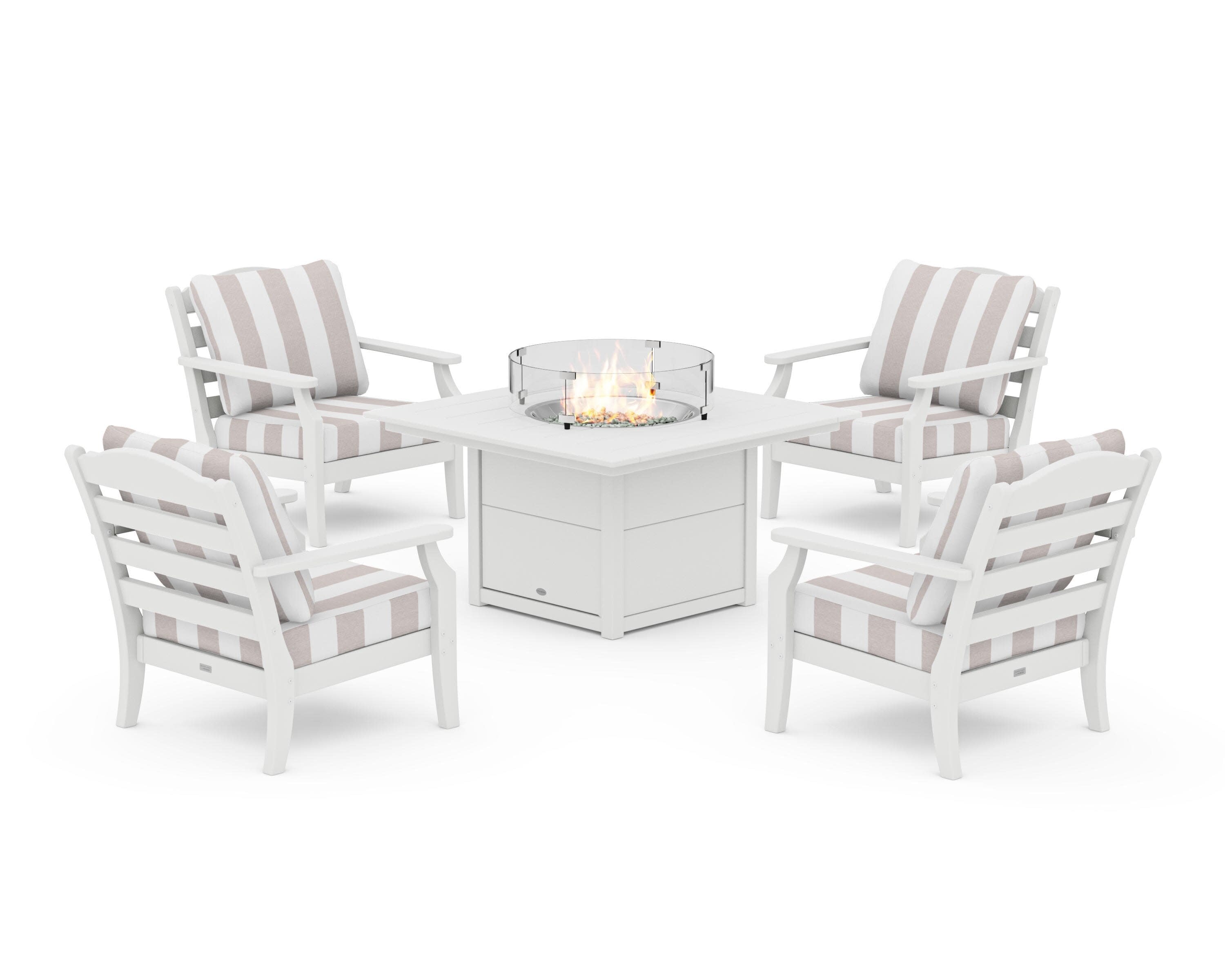 Savannah 5-Piece Deep Seating Set with Fire Pit Table in White / Cabana Stripe Dune Burlap
