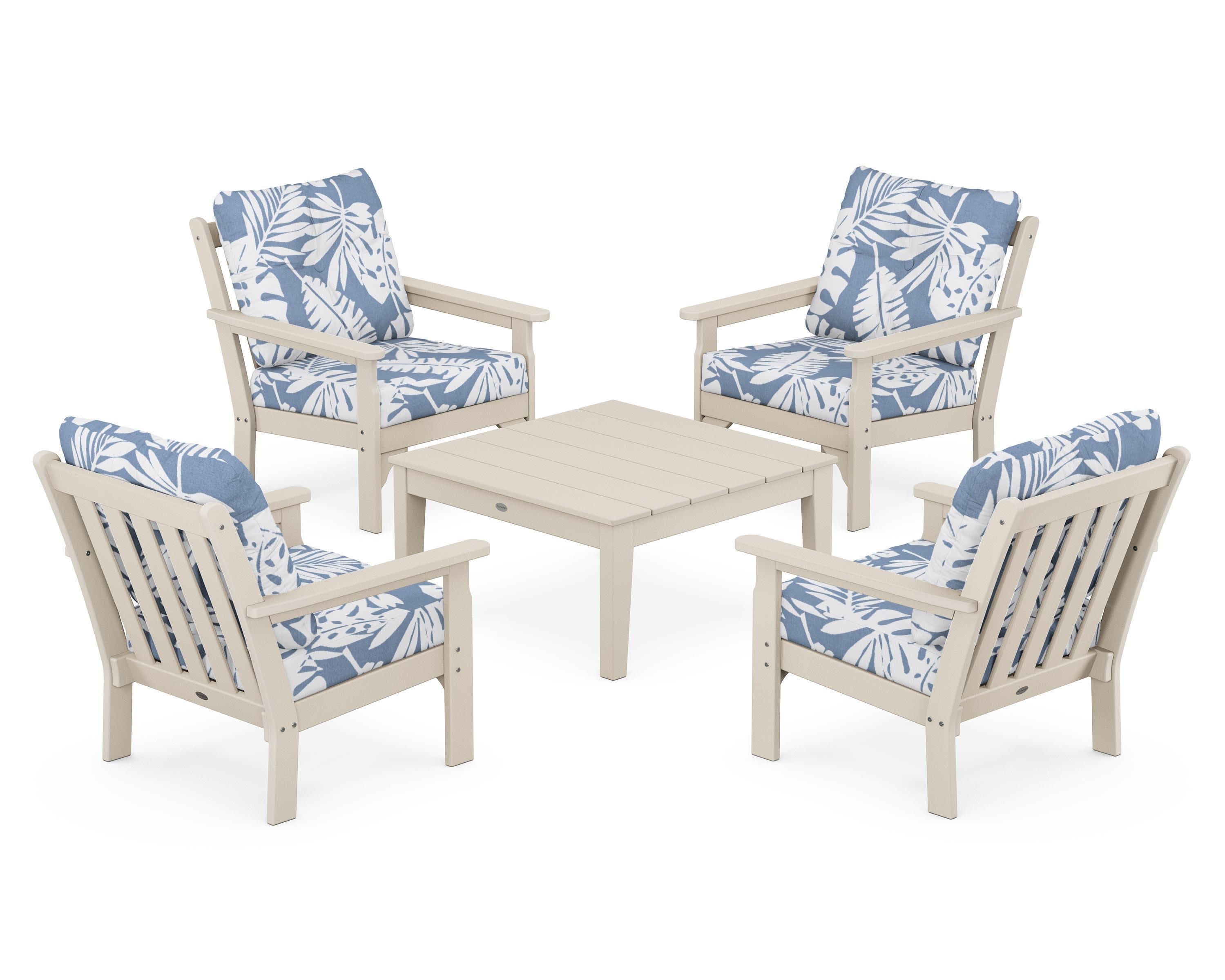 Vineyard 5-Piece Deep Seating Conversation Set in Sand / Leaf Sky Blue