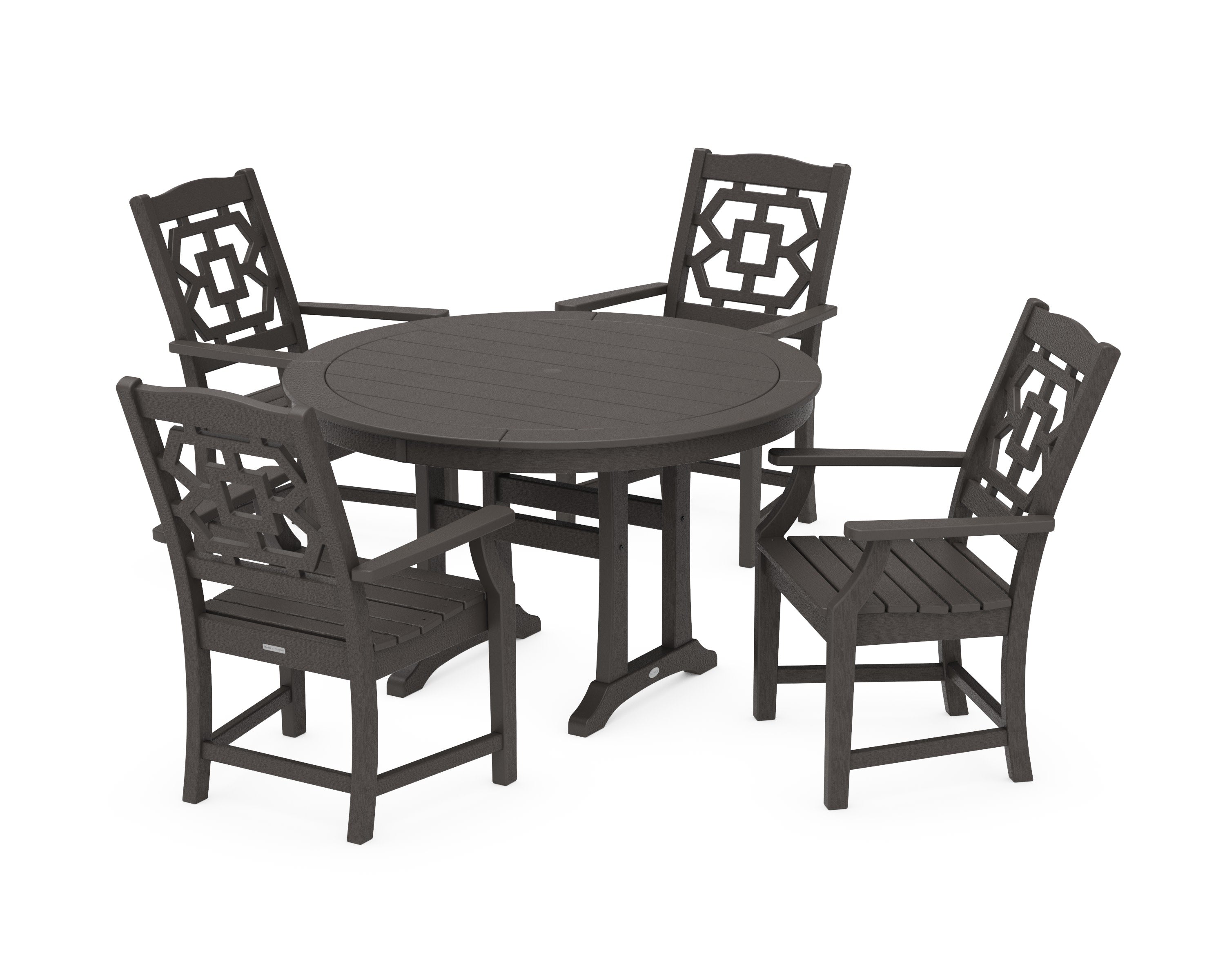 Chinoiserie 5-Piece Round Dining Set with Trestle Legs in Vintage Coffee