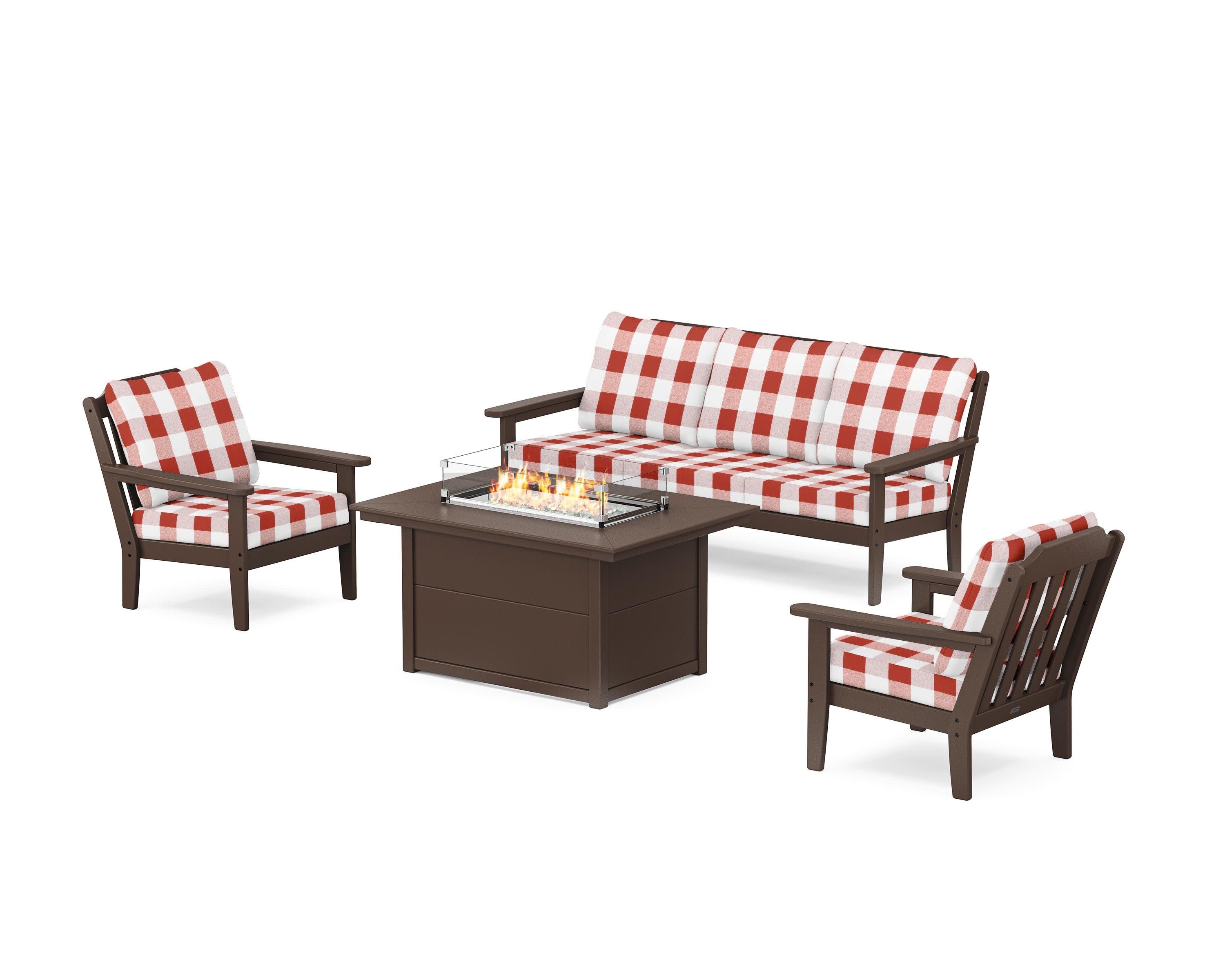 Cottage Deep Seating Fire Pit Table Set in Mahogany / Buffalo Plaid Crimson