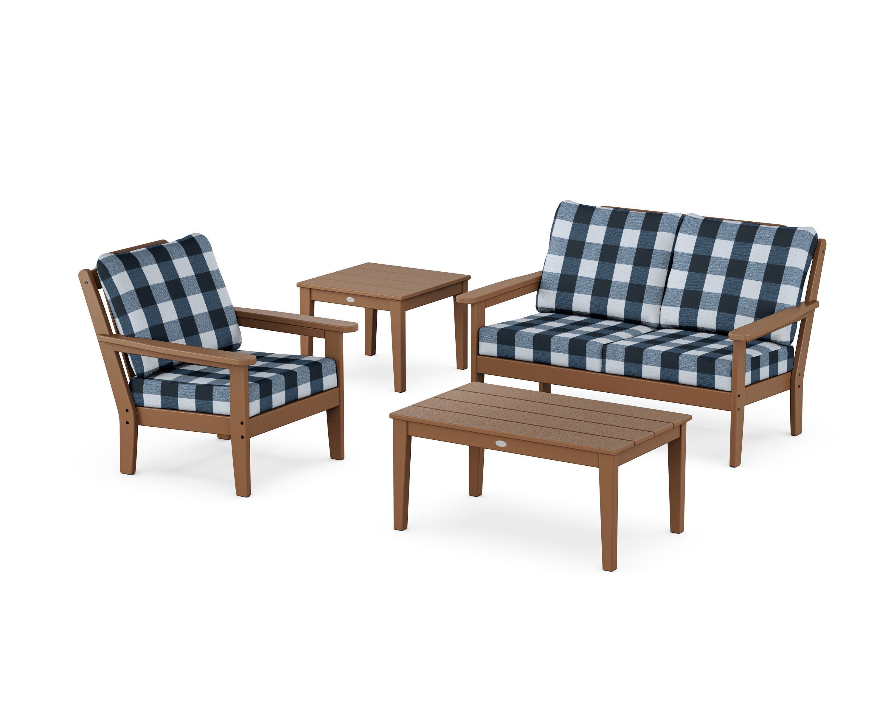 Wovendale 4-Piece Deep Seating Set in Teak / Buffalo Plaid Marine Indigo