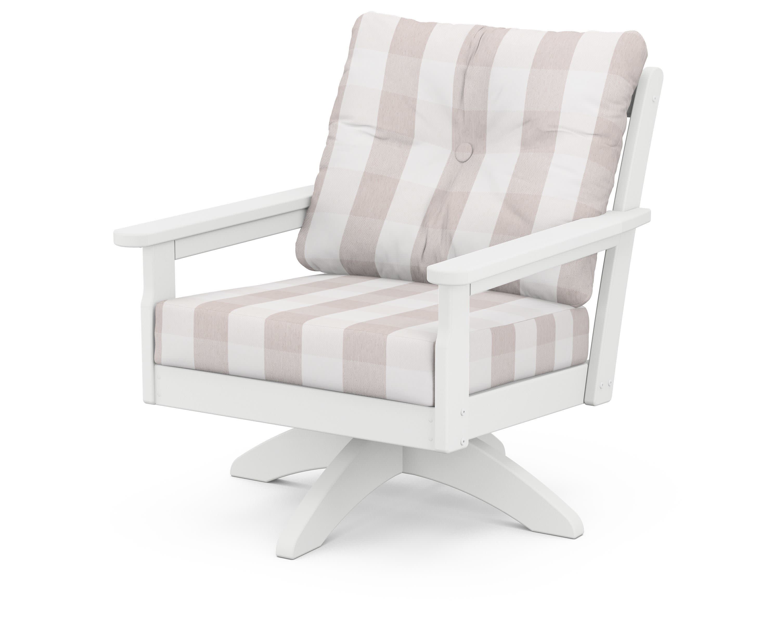 Vineyard Deep Seating Swivel Chair in White / Buffalo Plaid Dune Burlap