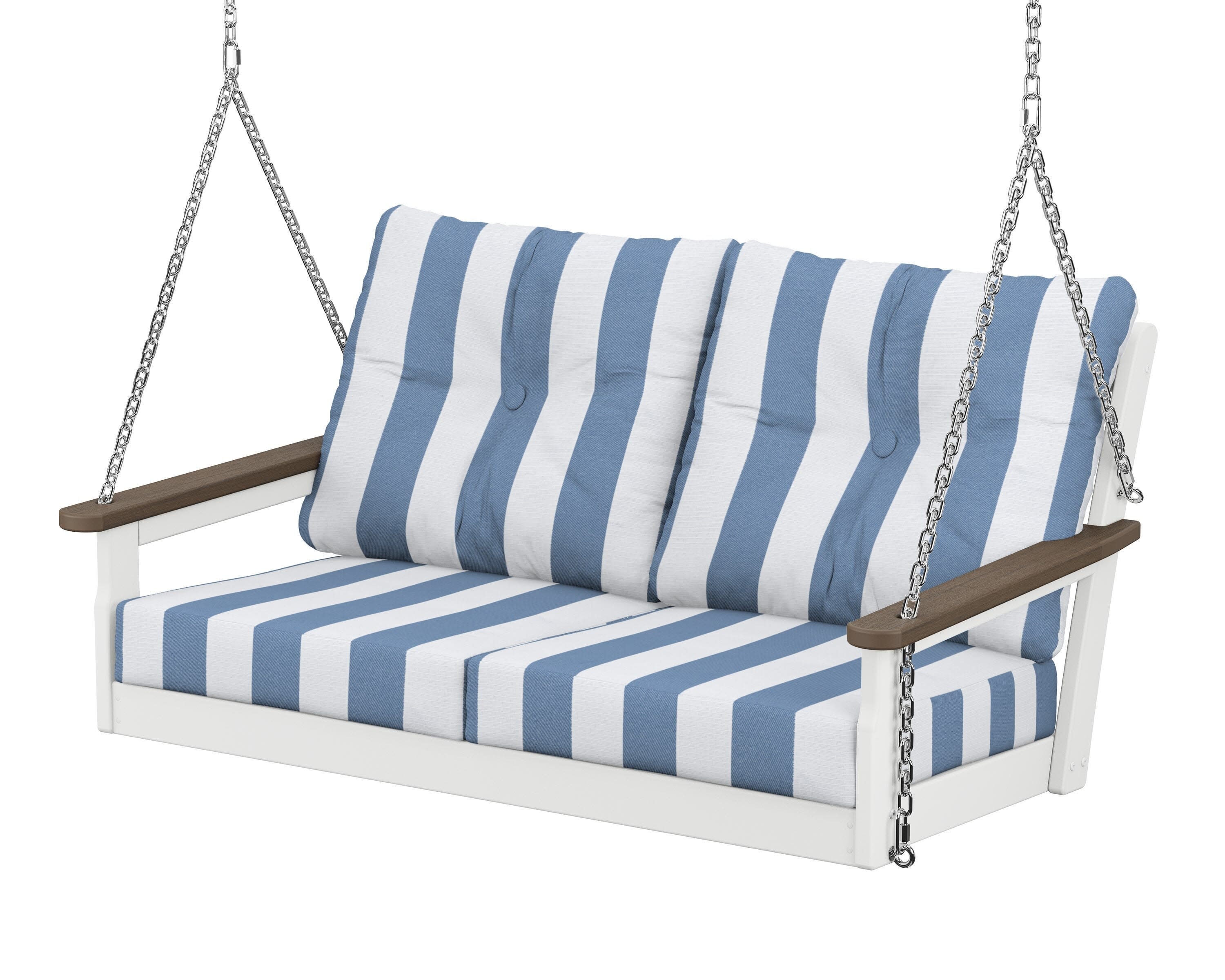 Vineyard Deep Seating Swing in White / Kona / Cabana Stripe Sky Blue