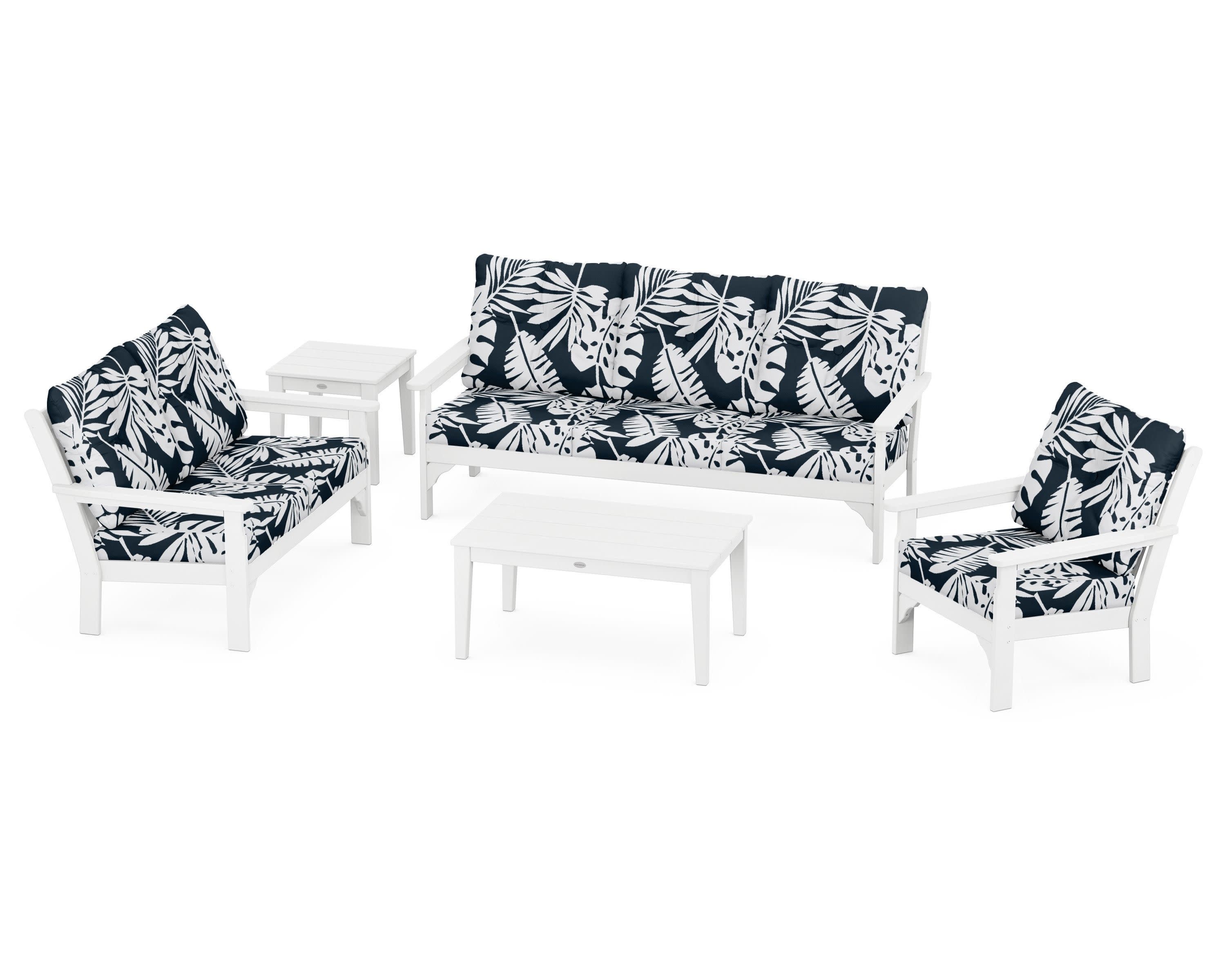 Vineyard 5 Piece Deep Seating Set in White / Leaf Marine Indigo