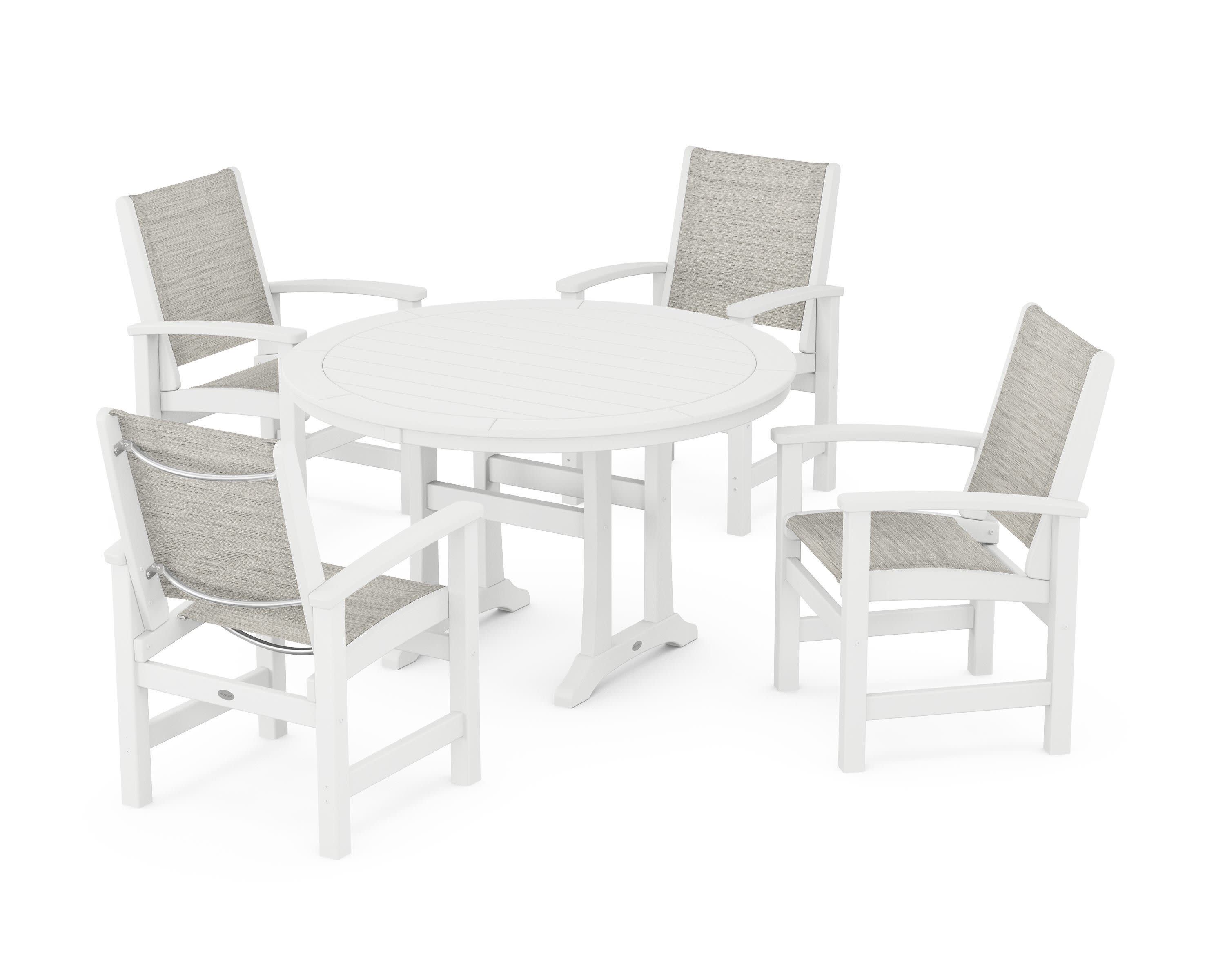 Coastal 5-Piece Round Dining Set with Trestle Legs in White / Birch Sling