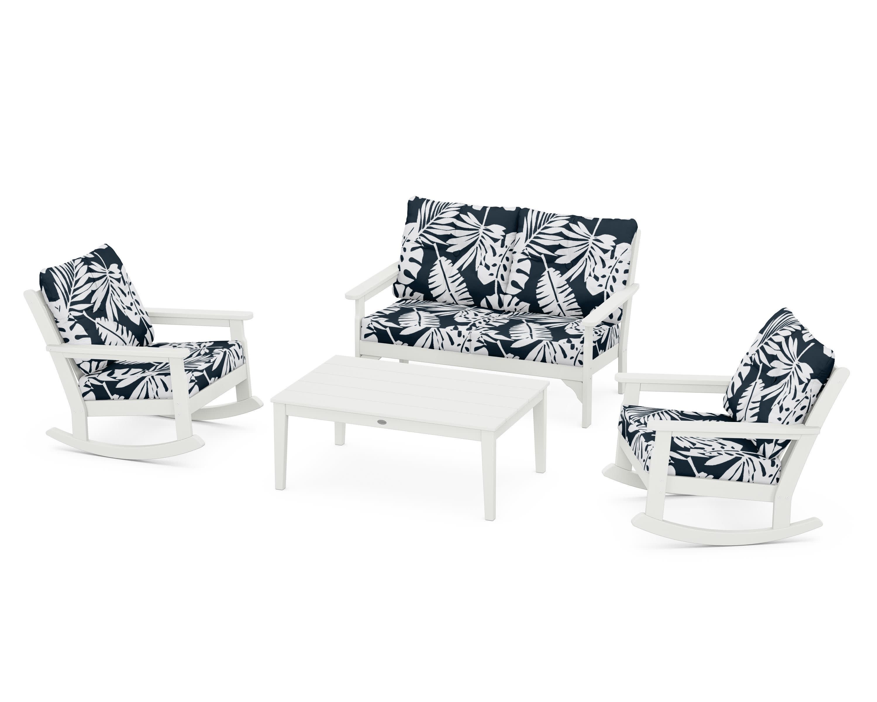 Vineyard 4-Piece Deep Seating Rocking Chair Set in Vintage White / Leaf Marine Indigo