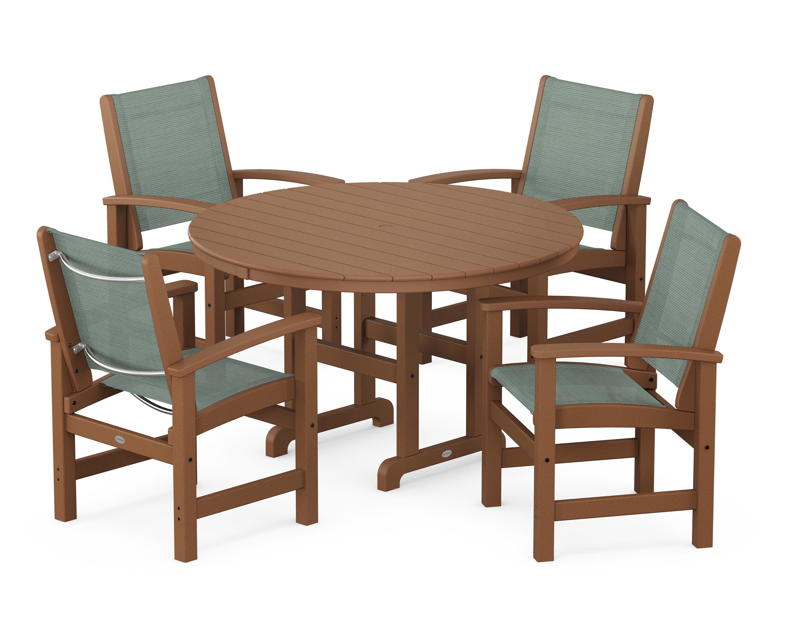 Coastal 5-Piece Round Farmhouse Dining Set in Teak / Dupioni Sea Mist Sling