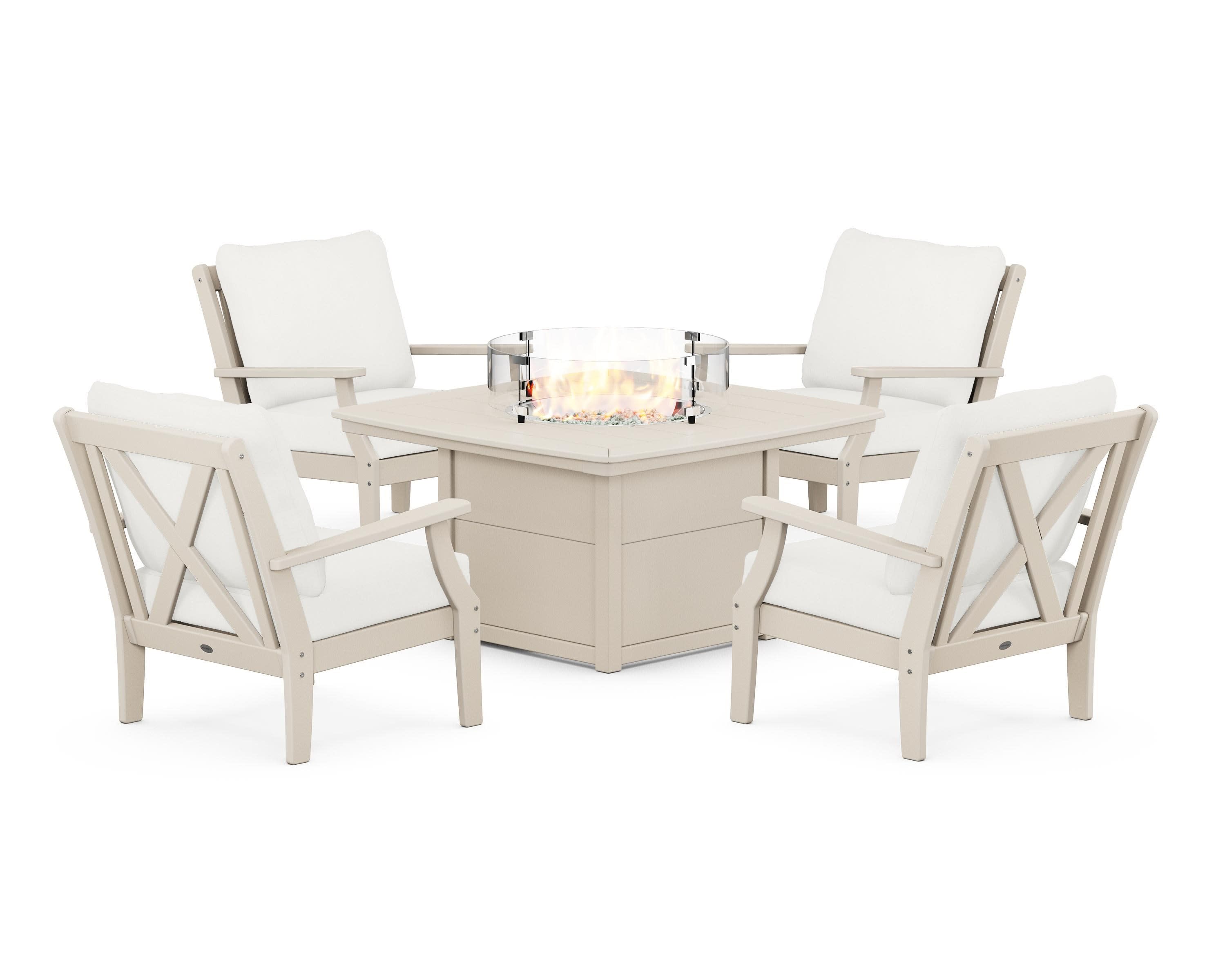 Braxton 5-Piece Deep Seating Conversation Set with Fire Pit Table in Sand / Natural Linen