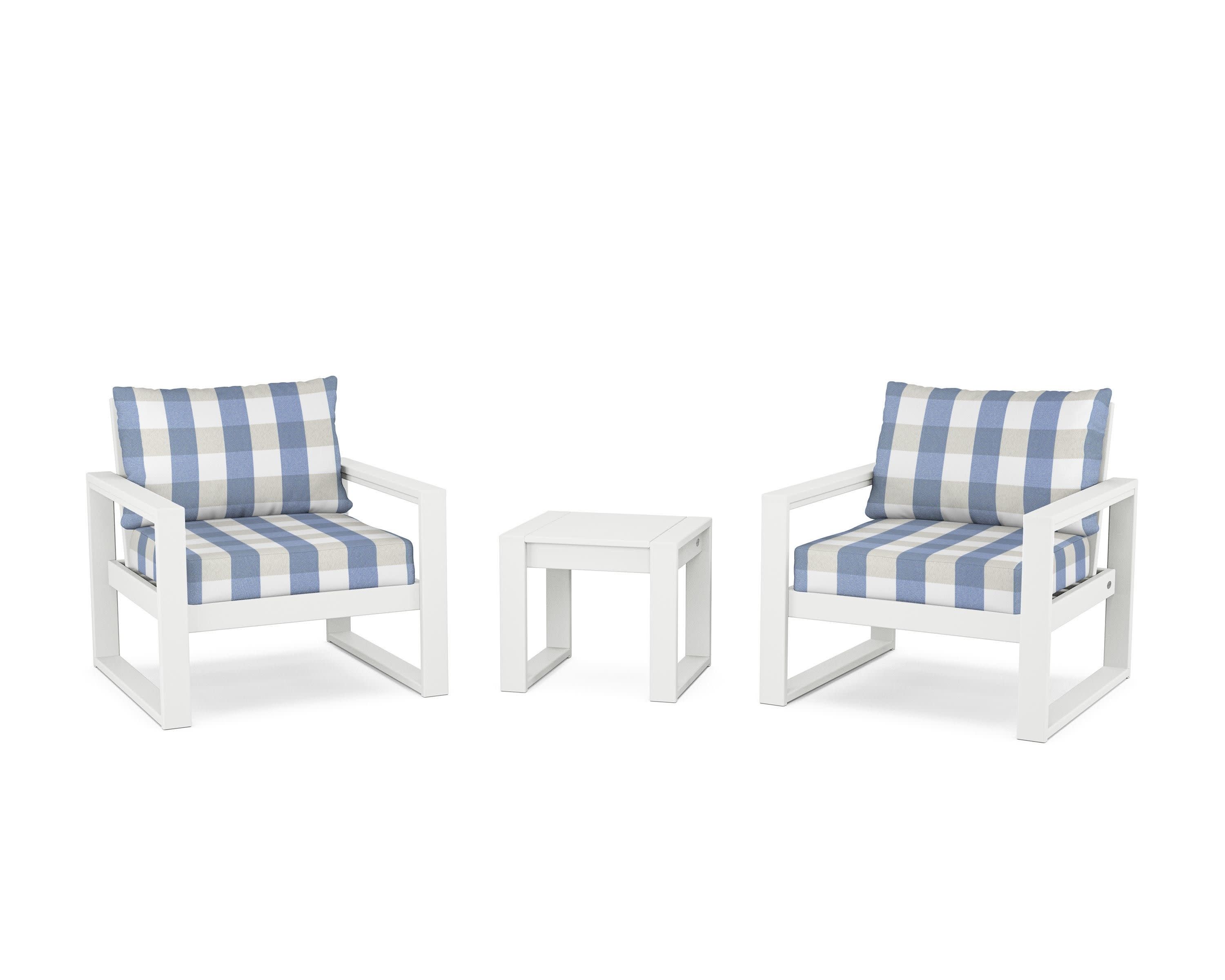 EDGE Sectional 3-Piece Deep Seating Set in White / Buffalo Plaid Sky Blue