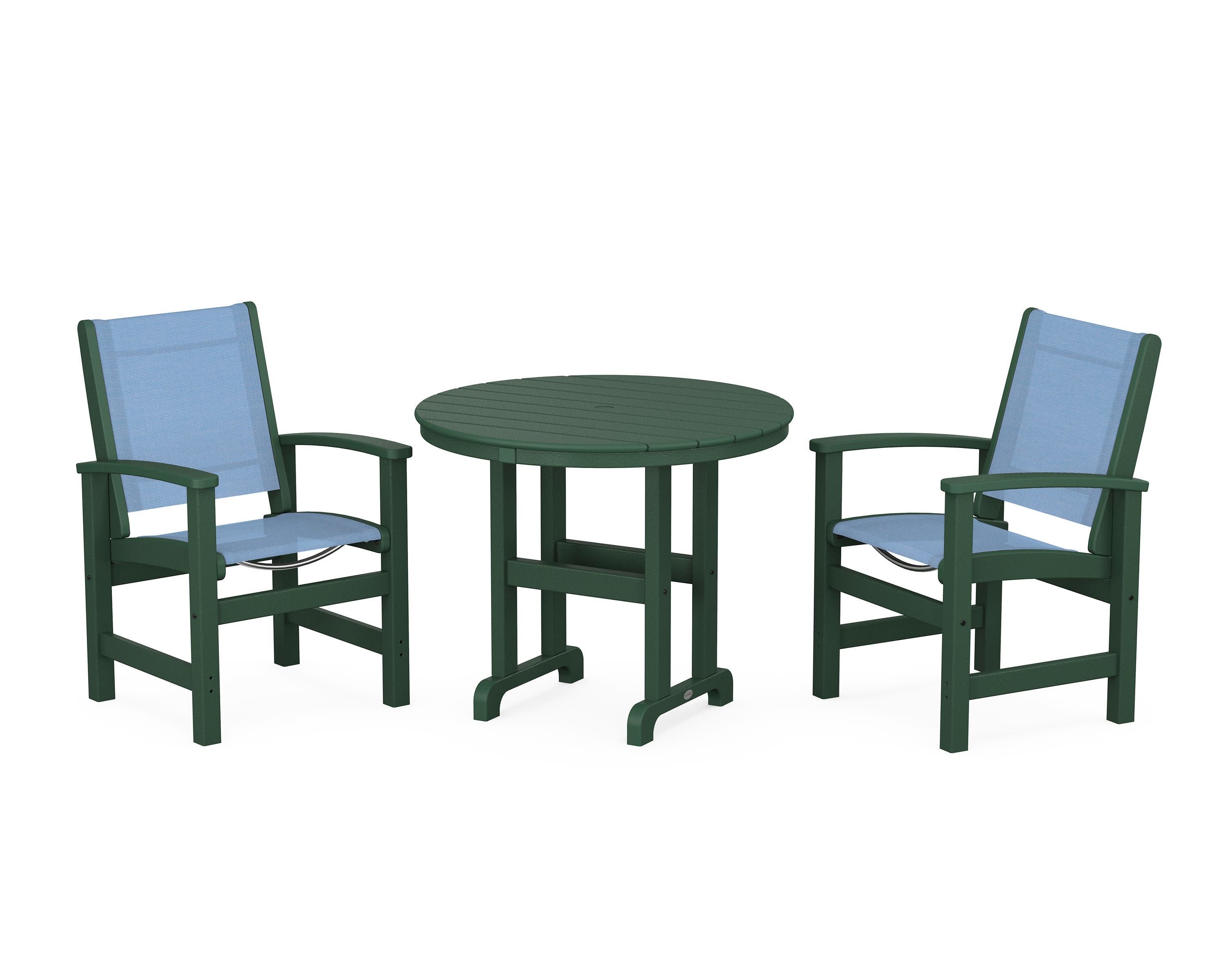 Coastal 3-Piece Round Dining Set in Green / Poolside Sling