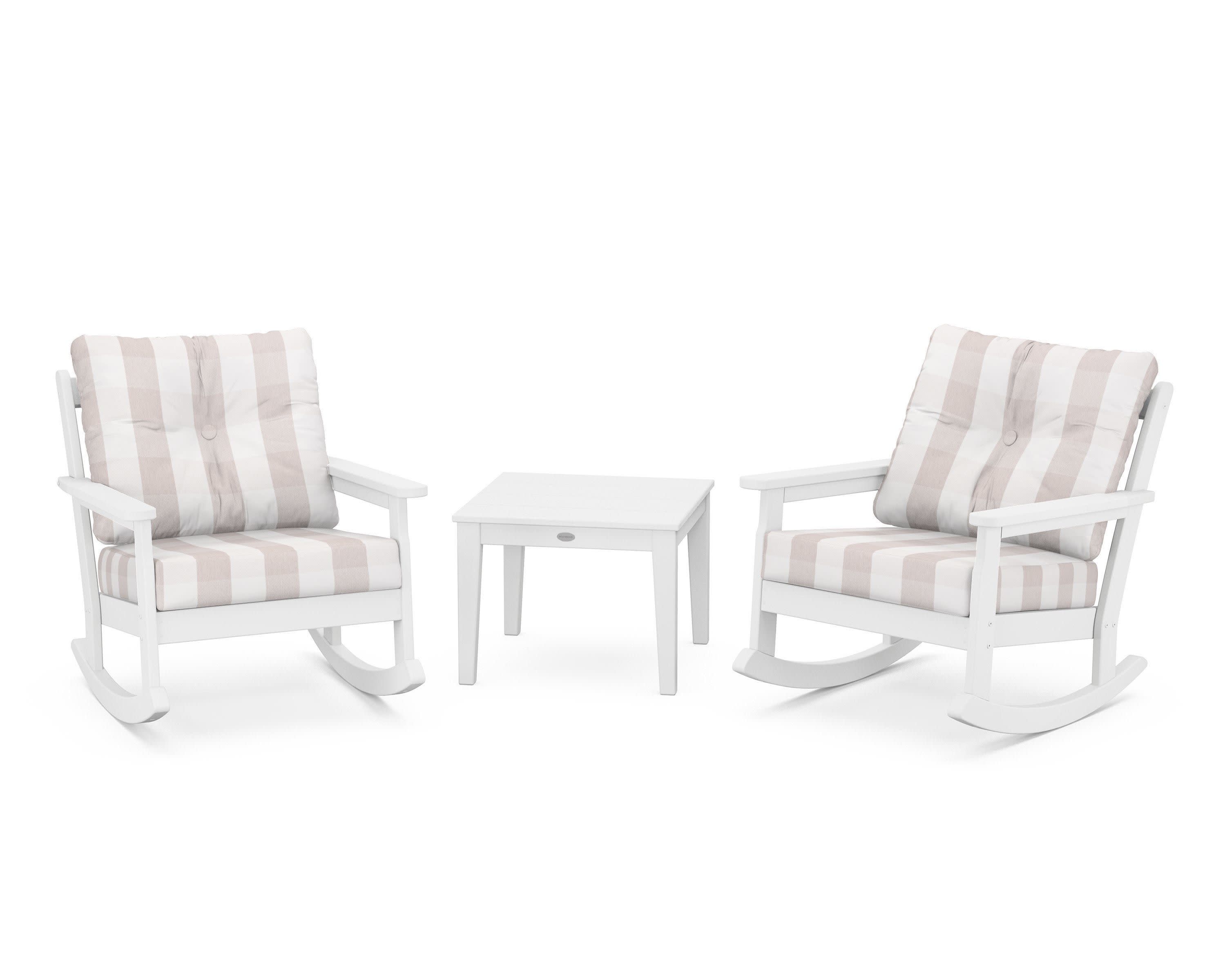Vineyard 3-Piece Deep Seating Rocker Set in White / Buffalo Plaid Dune Burlap