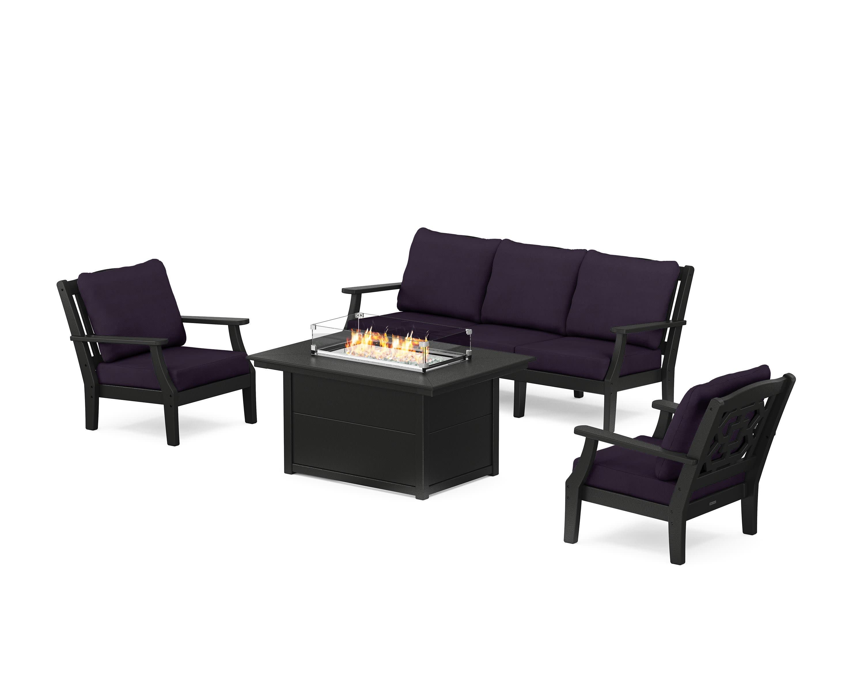 Chinoiserie Deep Seating Fire Pit Table Set in Black / Navy Linen