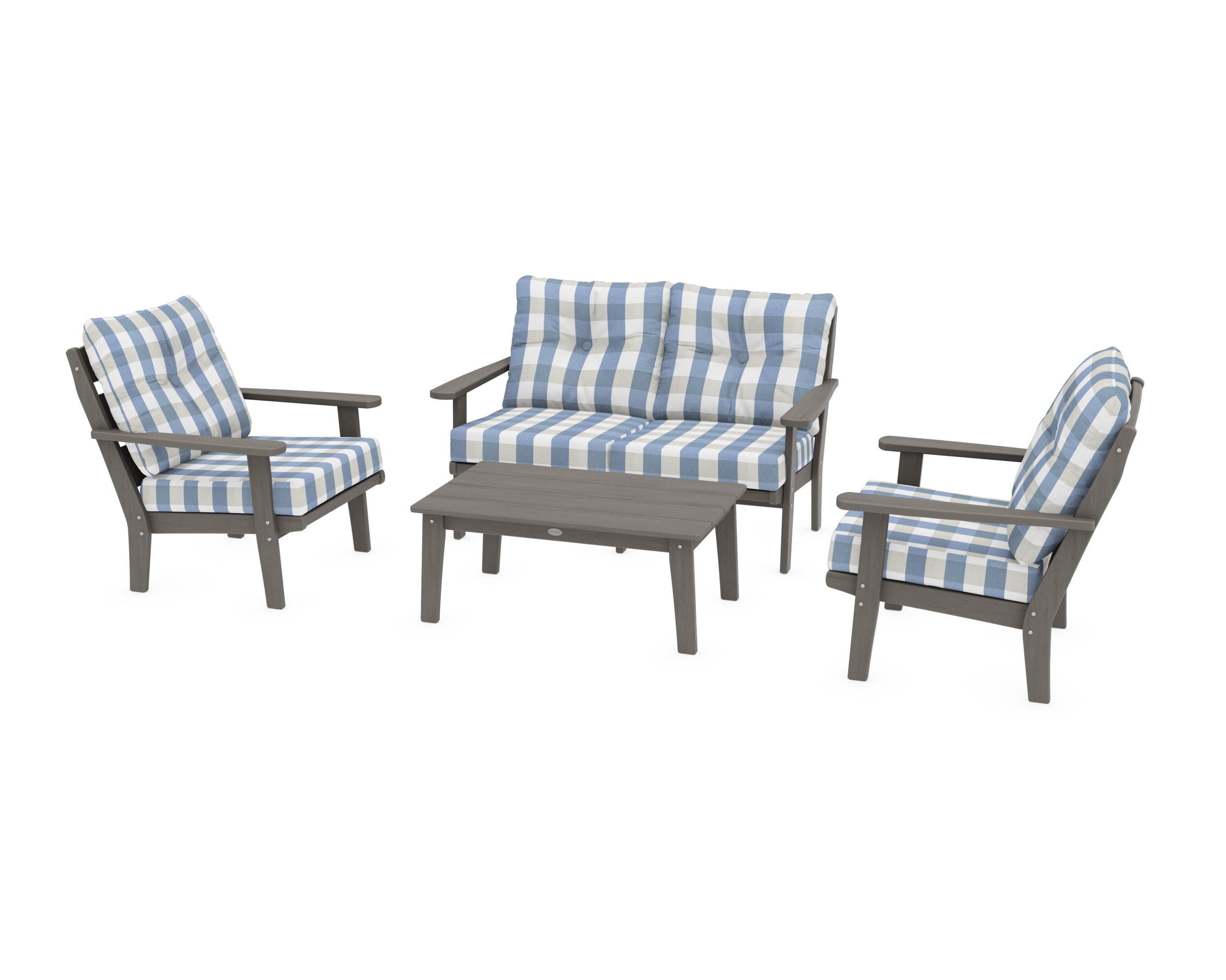 Lakeside 4-Piece Deep Seating Set in Driftwood / Buffalo Plaid Sky Blue