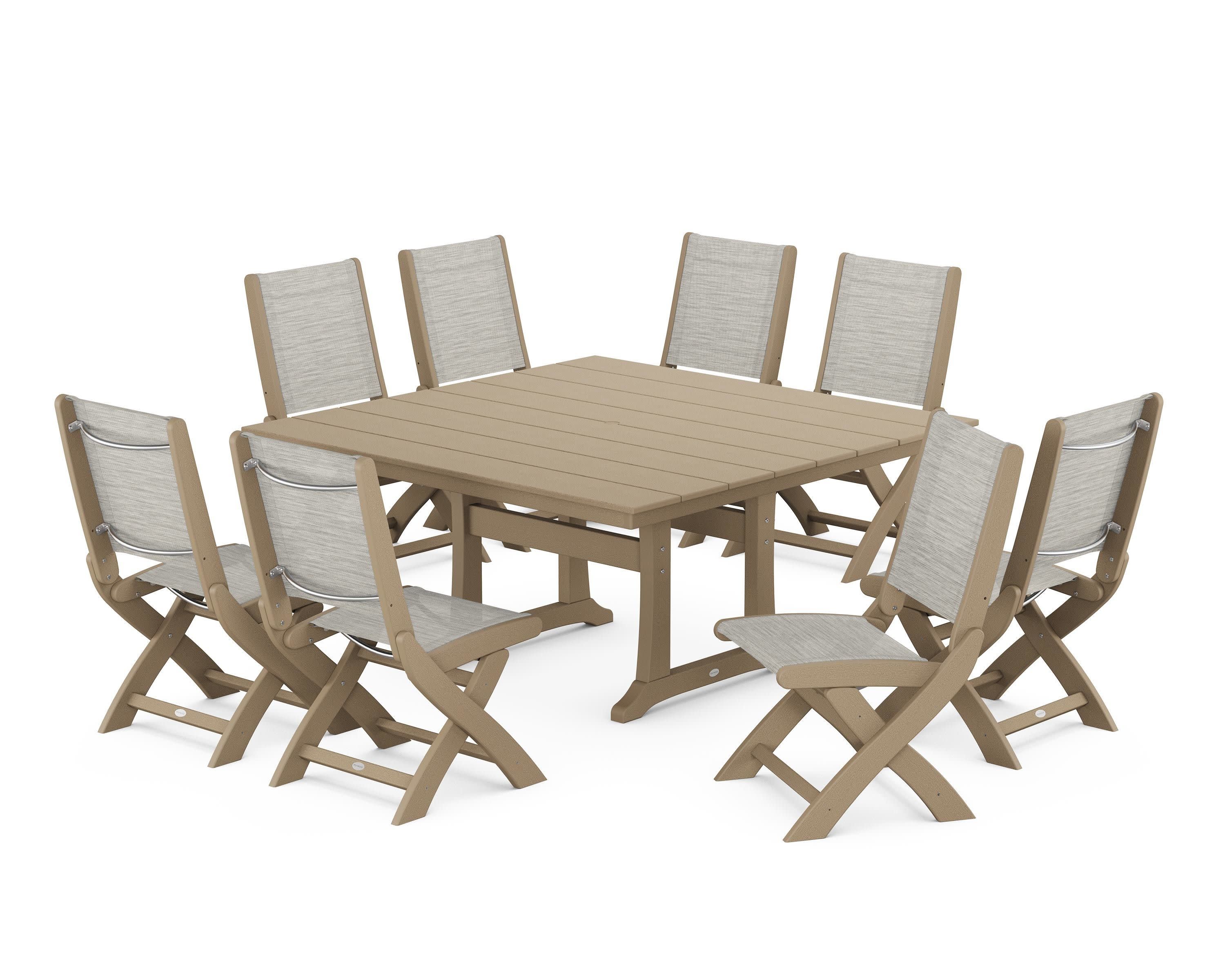 Coastal Folding Side Chair 9-Piece Farmhouse Dining Set in Vintage Sahara / Birch Sling