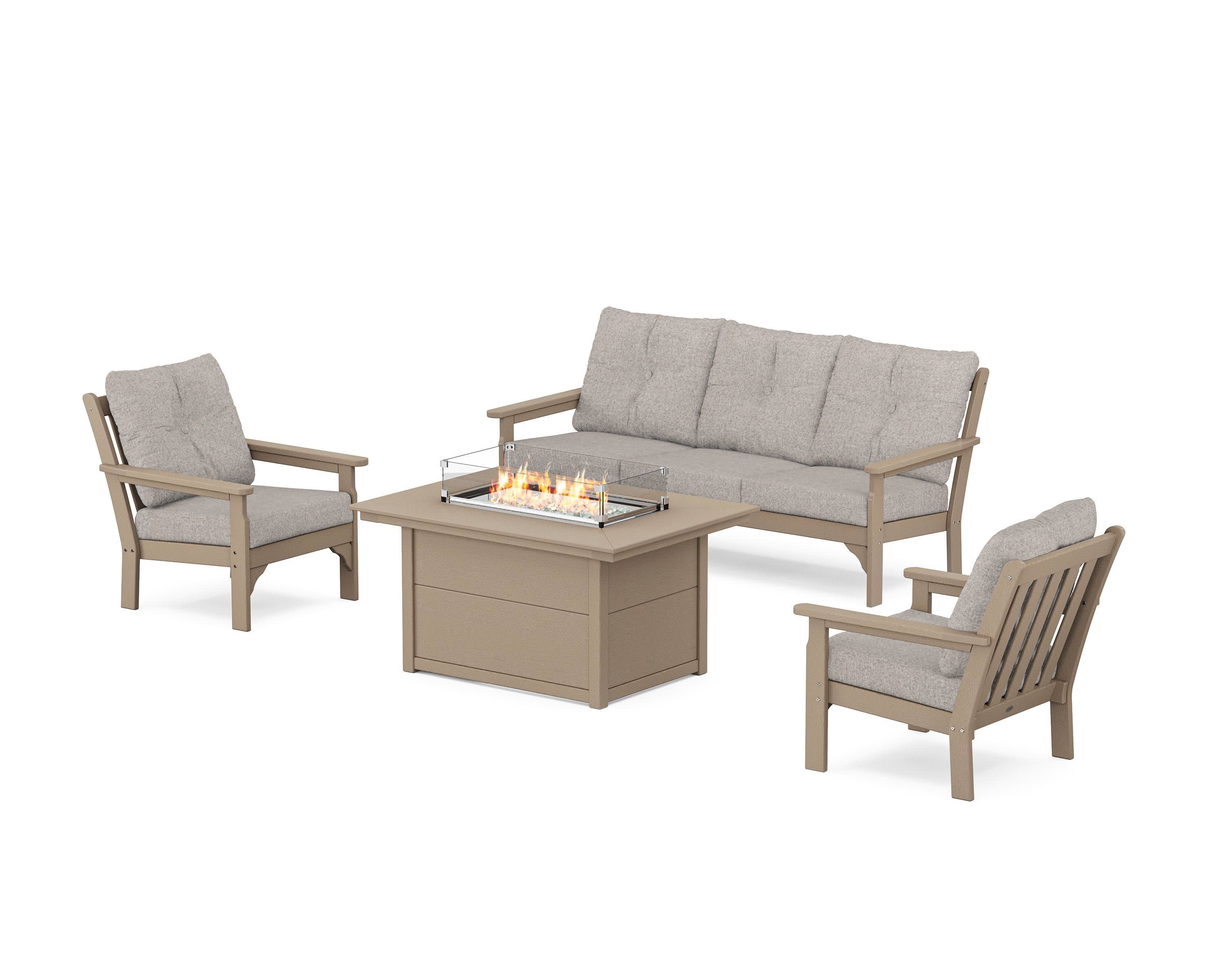 Vineyard Deep Seating Fire Pit Table Set in Vintage Sahara / Weathered Tweed