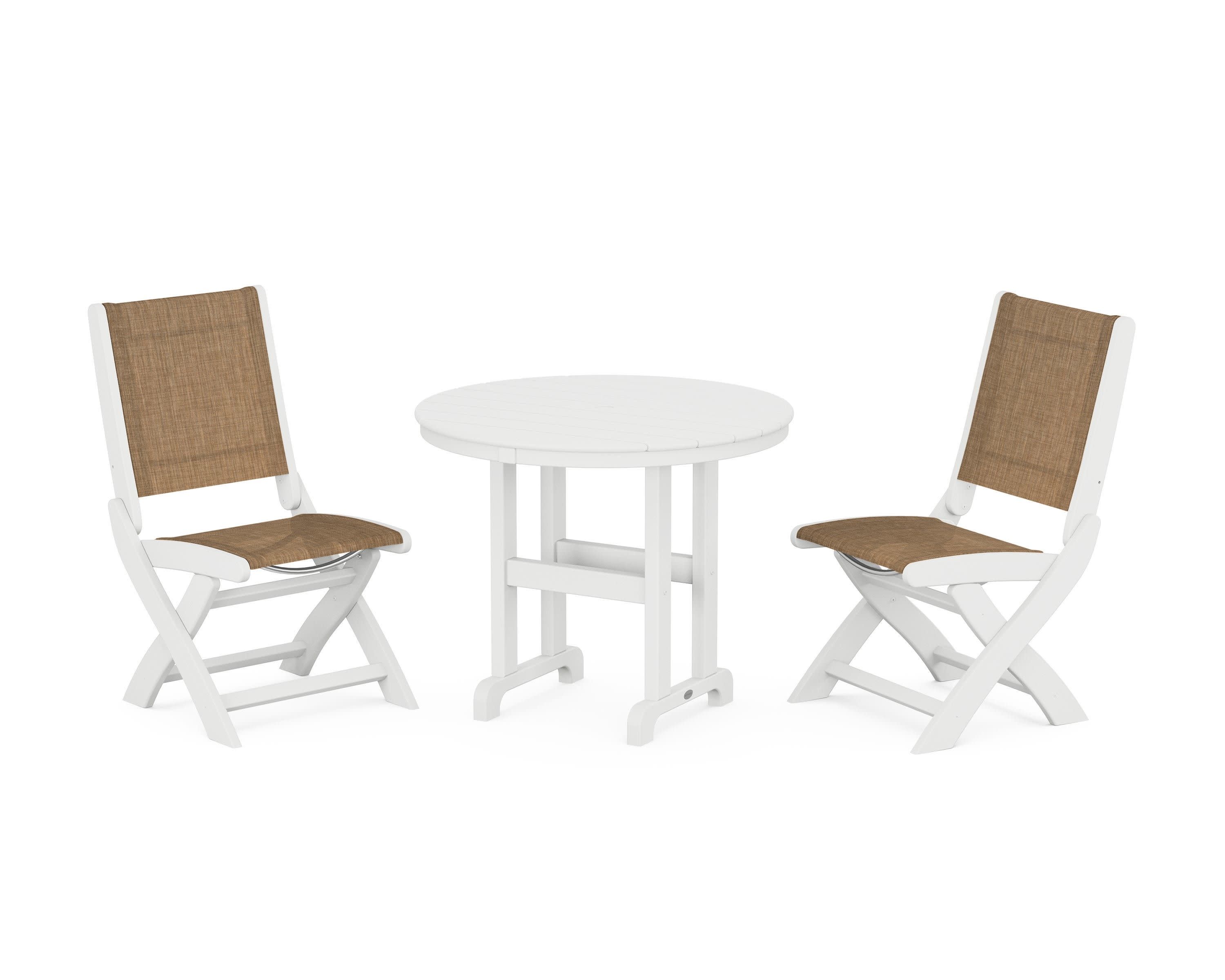 Coastal Folding Side Chair 3-Piece Round Dining Set in White / Burlap Sling