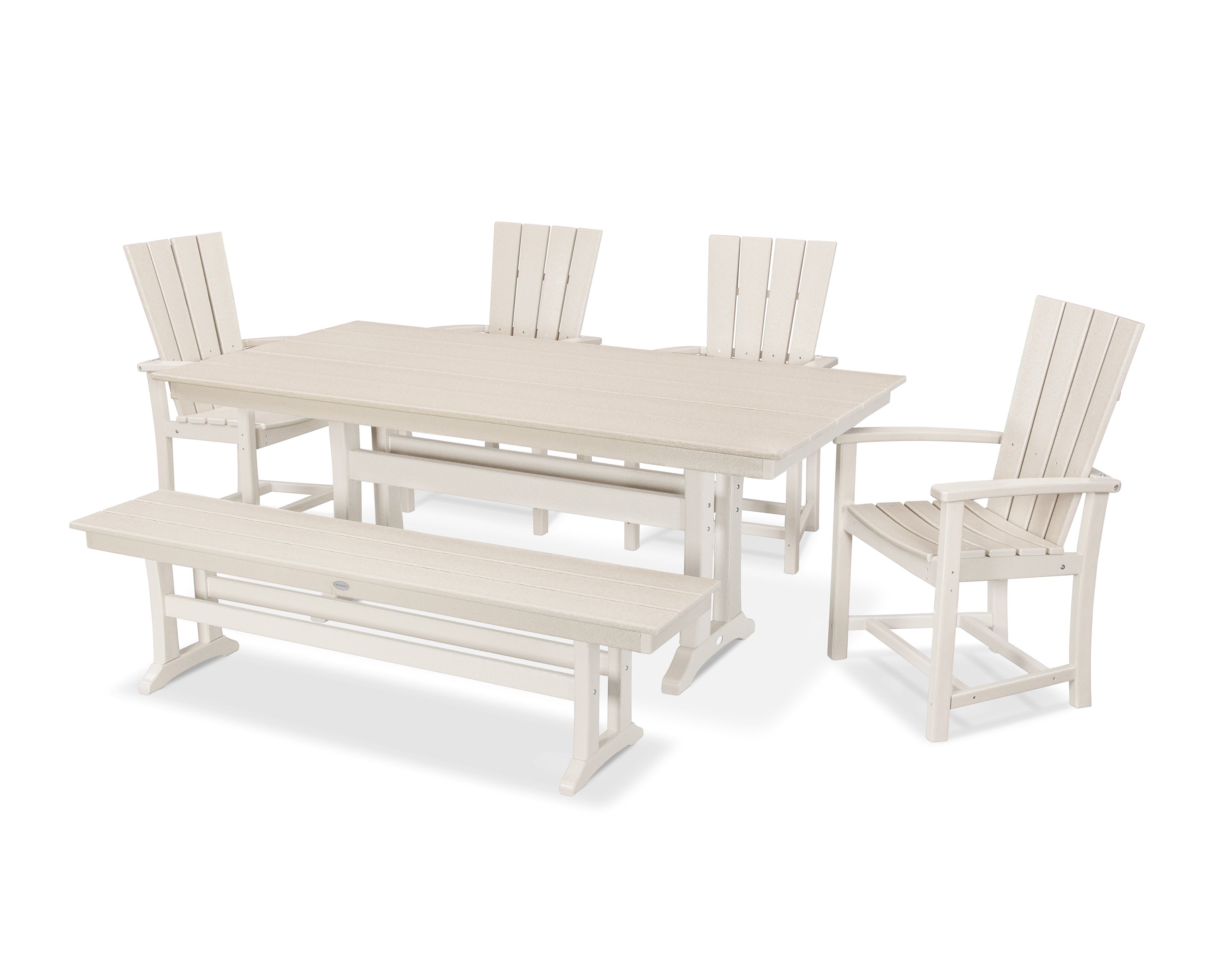 Quattro 6-Piece Farmhouse Dining Set with Trestle Legs and Bench in Sand
