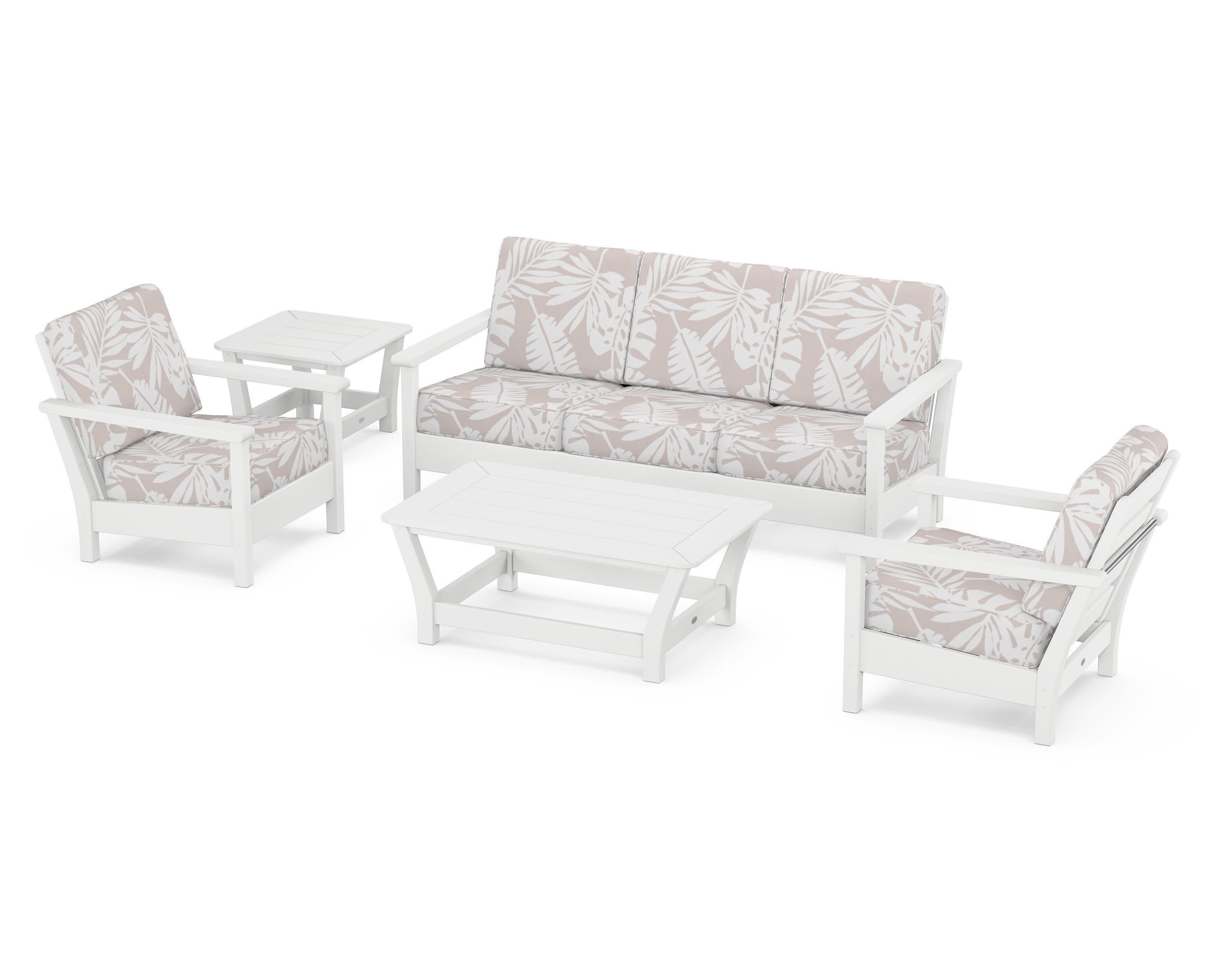 Harbour 5-Piece Deep Seating Set in White / Leaf Dune Burlap