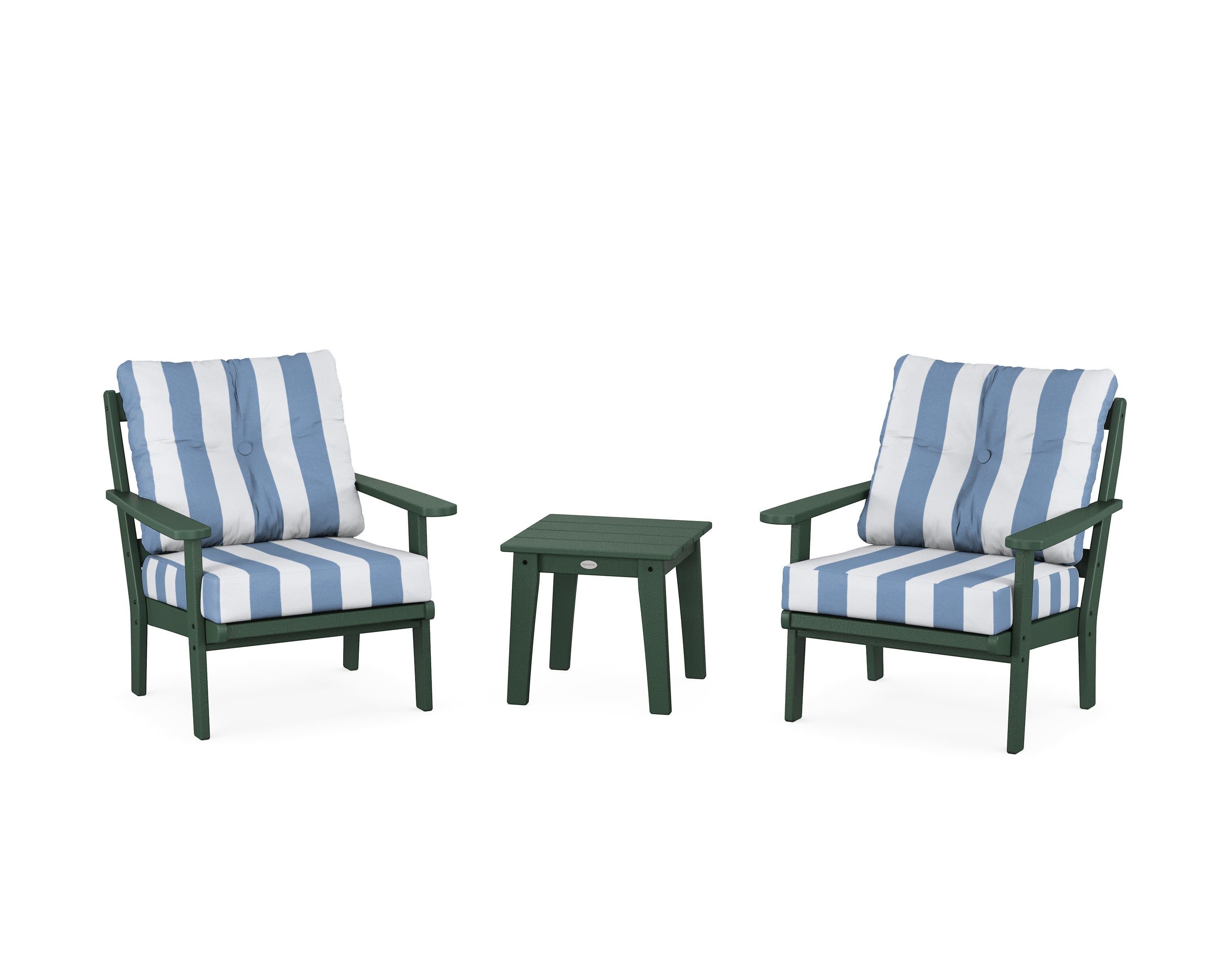 Mission 3-Piece Deep Seating Set in Green / Cabana Stripe Sky Blue