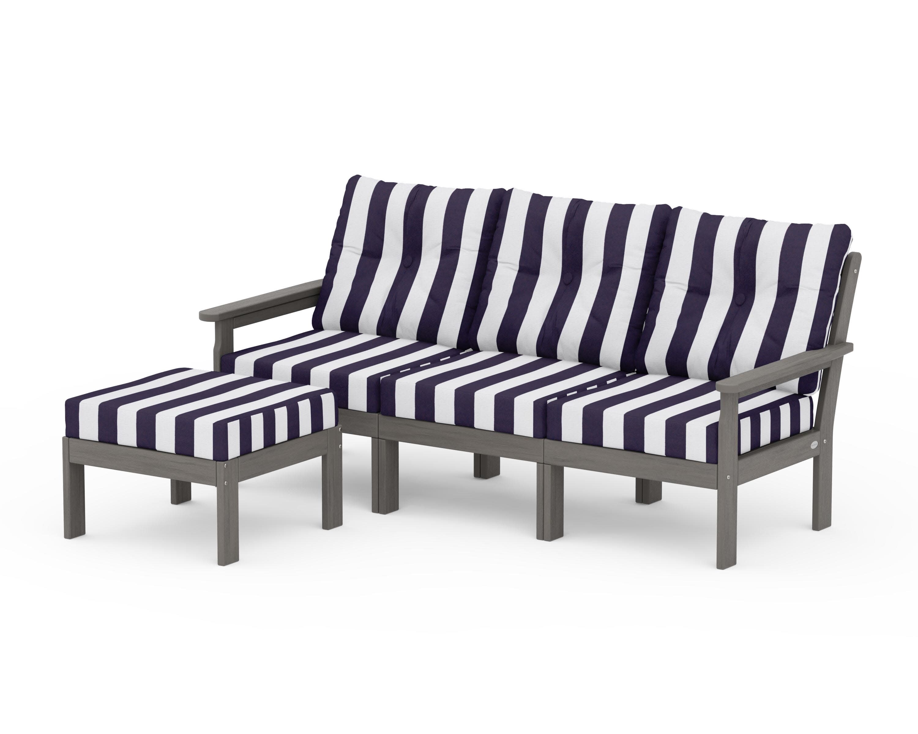Vineyard 4-Piece Sectional with Ottoman in Driftwood / Cabana Stripe Navy