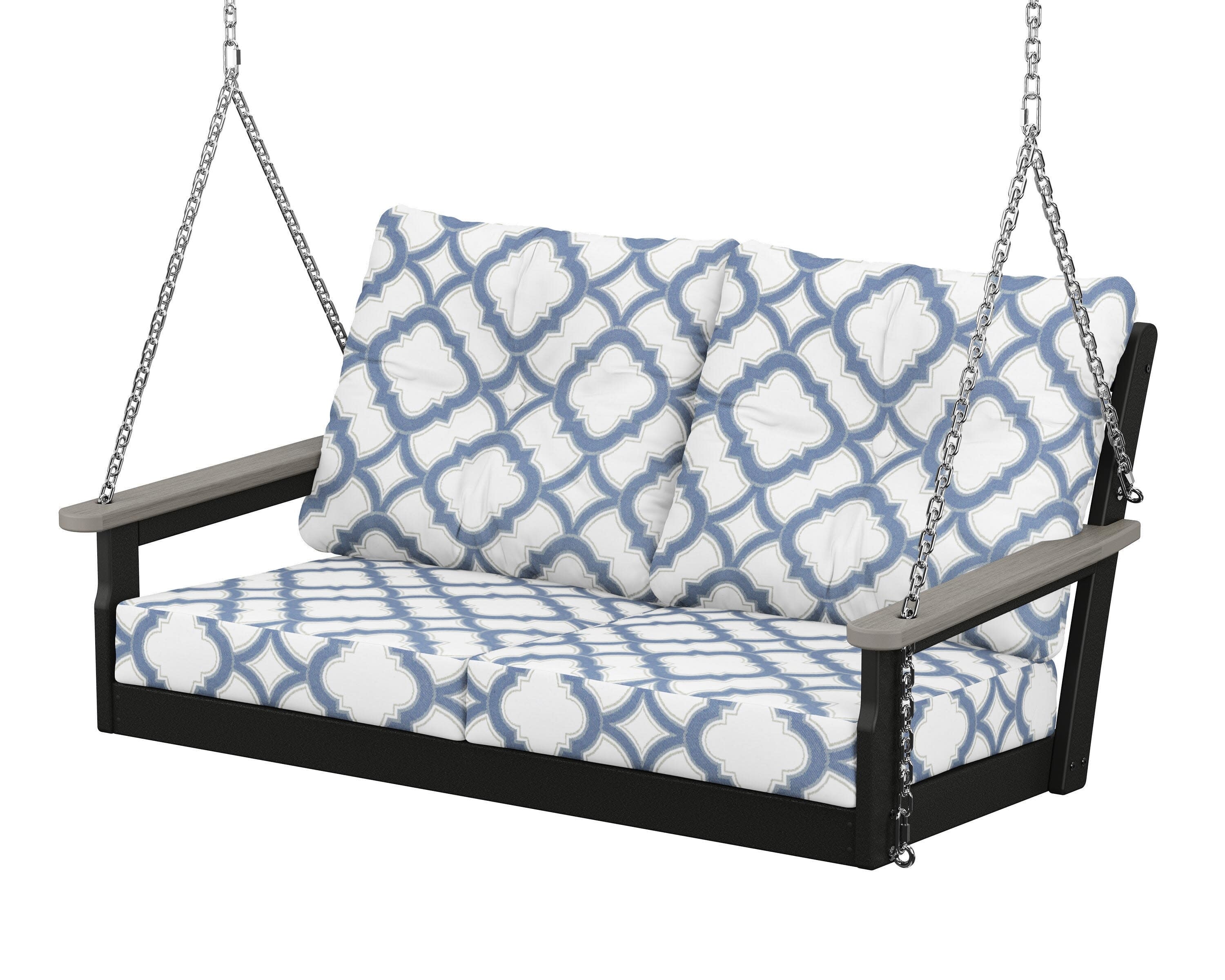 Vineyard Deep Seating Swing in Black / Driftwood / Trellis Sky Blue