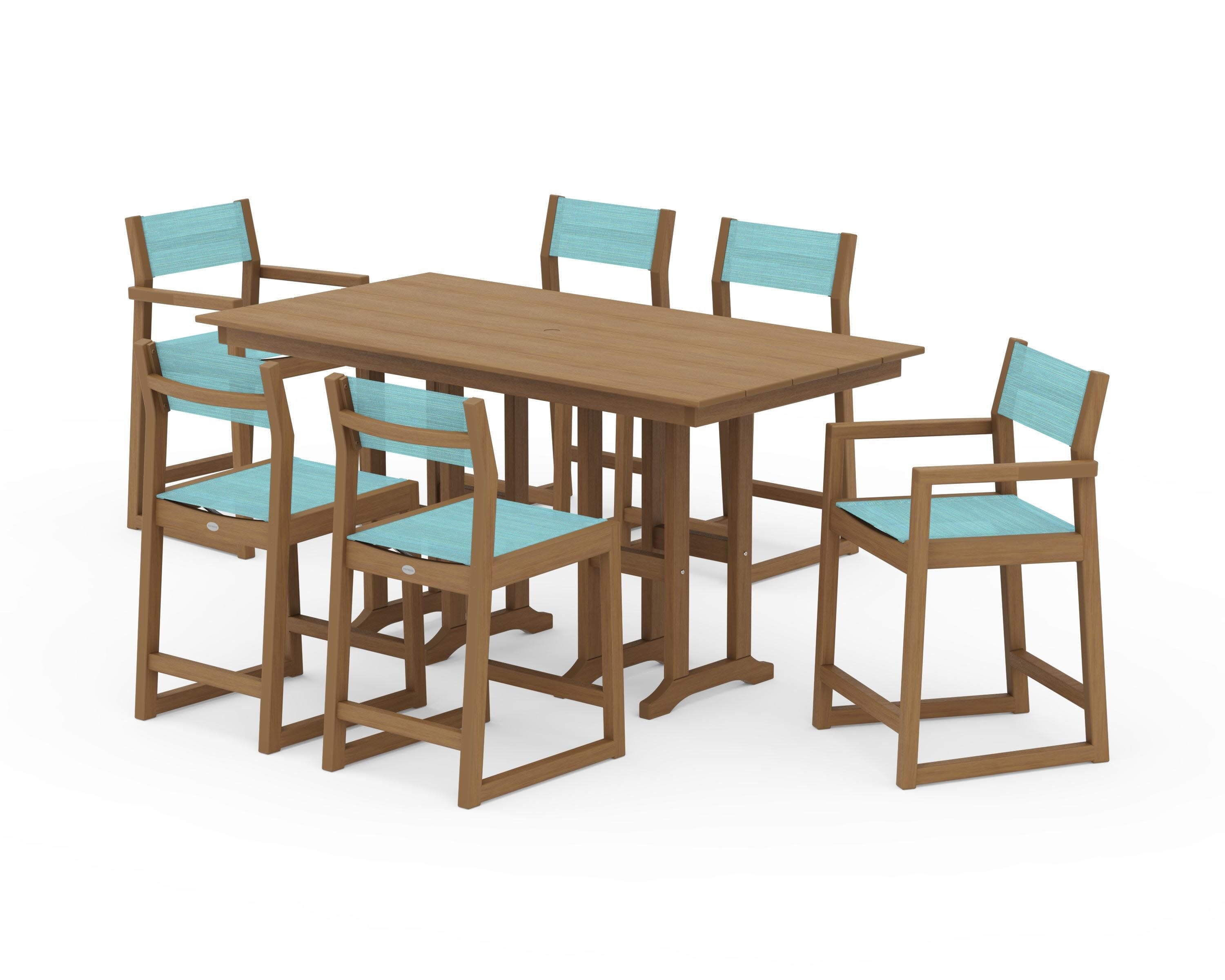 EDGE Sling 7-Piece Farmhouse Counter Set in Natural / Dupioni Aquamarine Sling