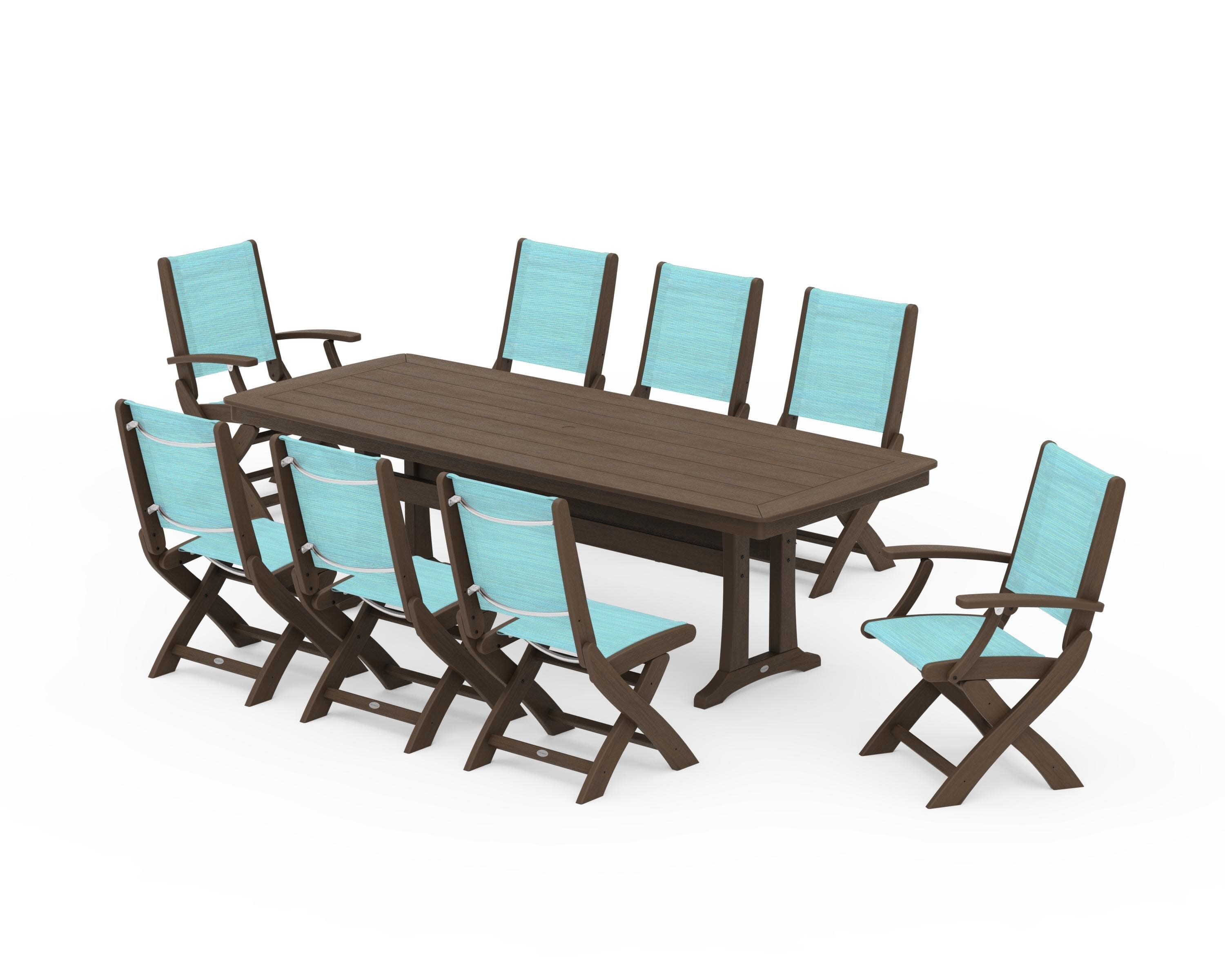 Coastal Folding 9-Piece Dining Set with Trestle Legs in Kona / Dupioni Aquamarine Sling
