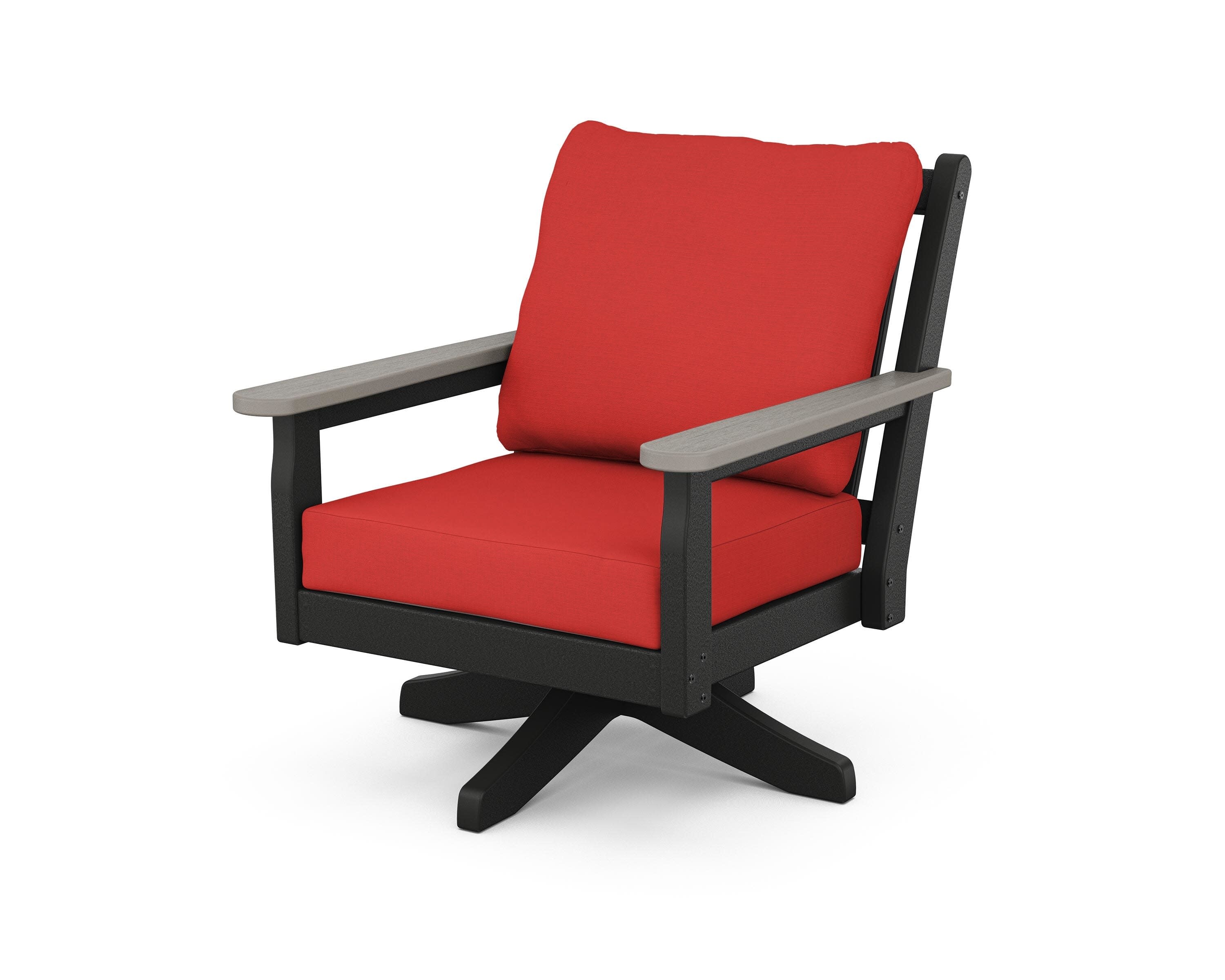 Chippendale Deep Seating Swivel Chair in Black / Driftwood / Crimson Linen