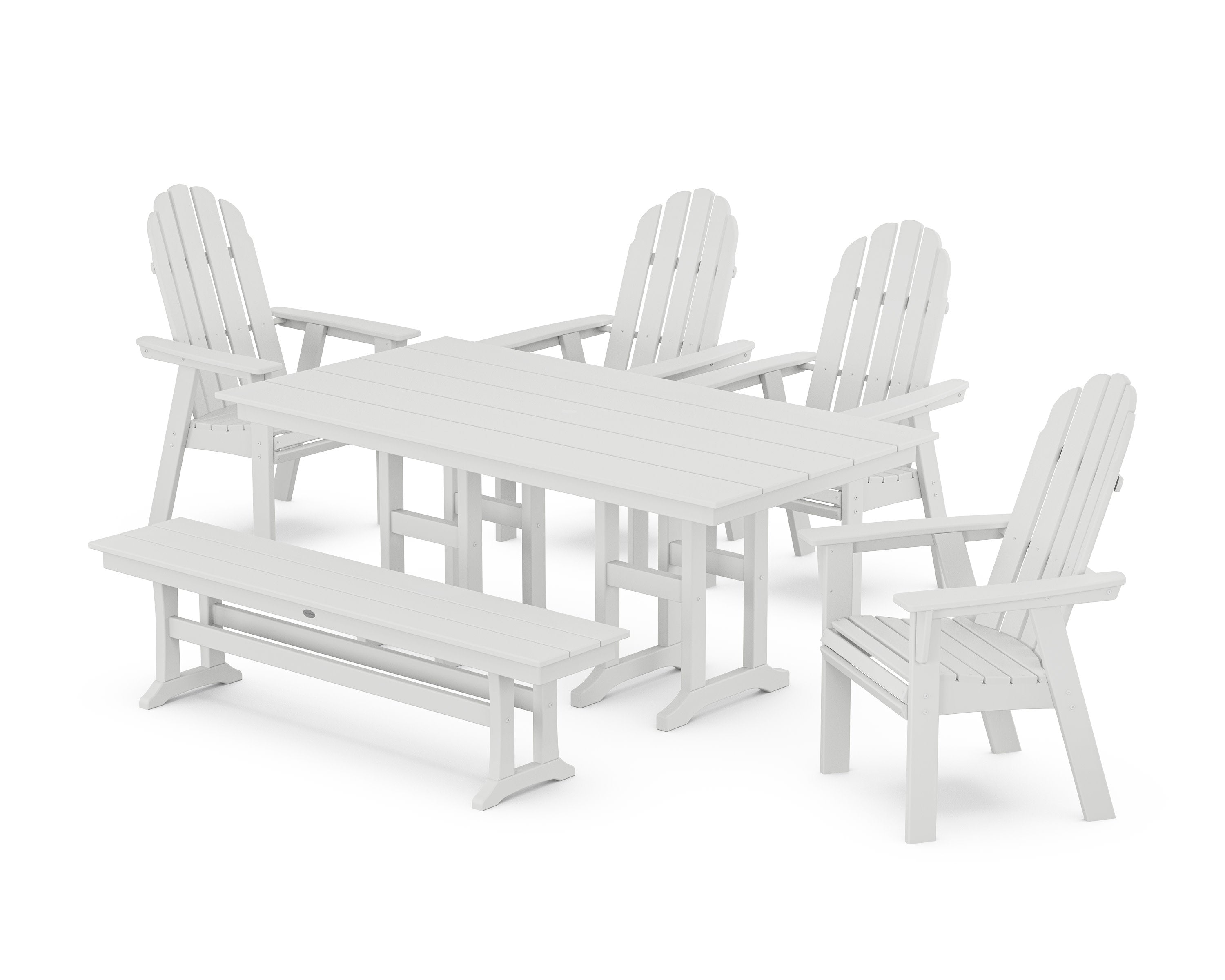 Vineyard Curveback Adirondack Chair 6-Piece Farmhouse Dining Set with Bench in White
