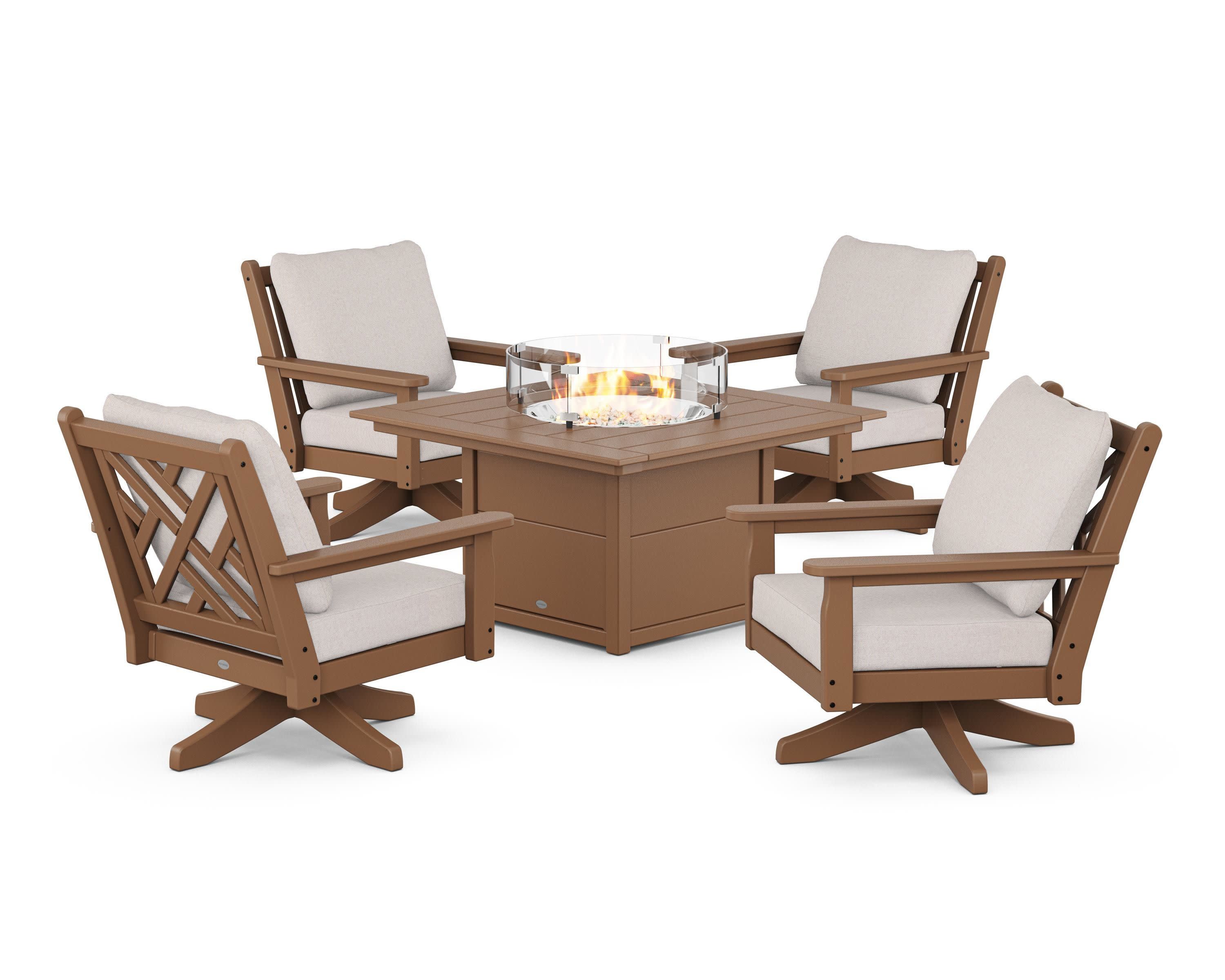 Chippendale 5-Piece Deep Seating Swivel Conversation Set with Fire Pit Table in Teak / Dune Burlap